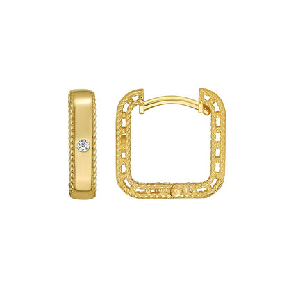 14K Yellow Gold Diamond Square Huggie Earrings
