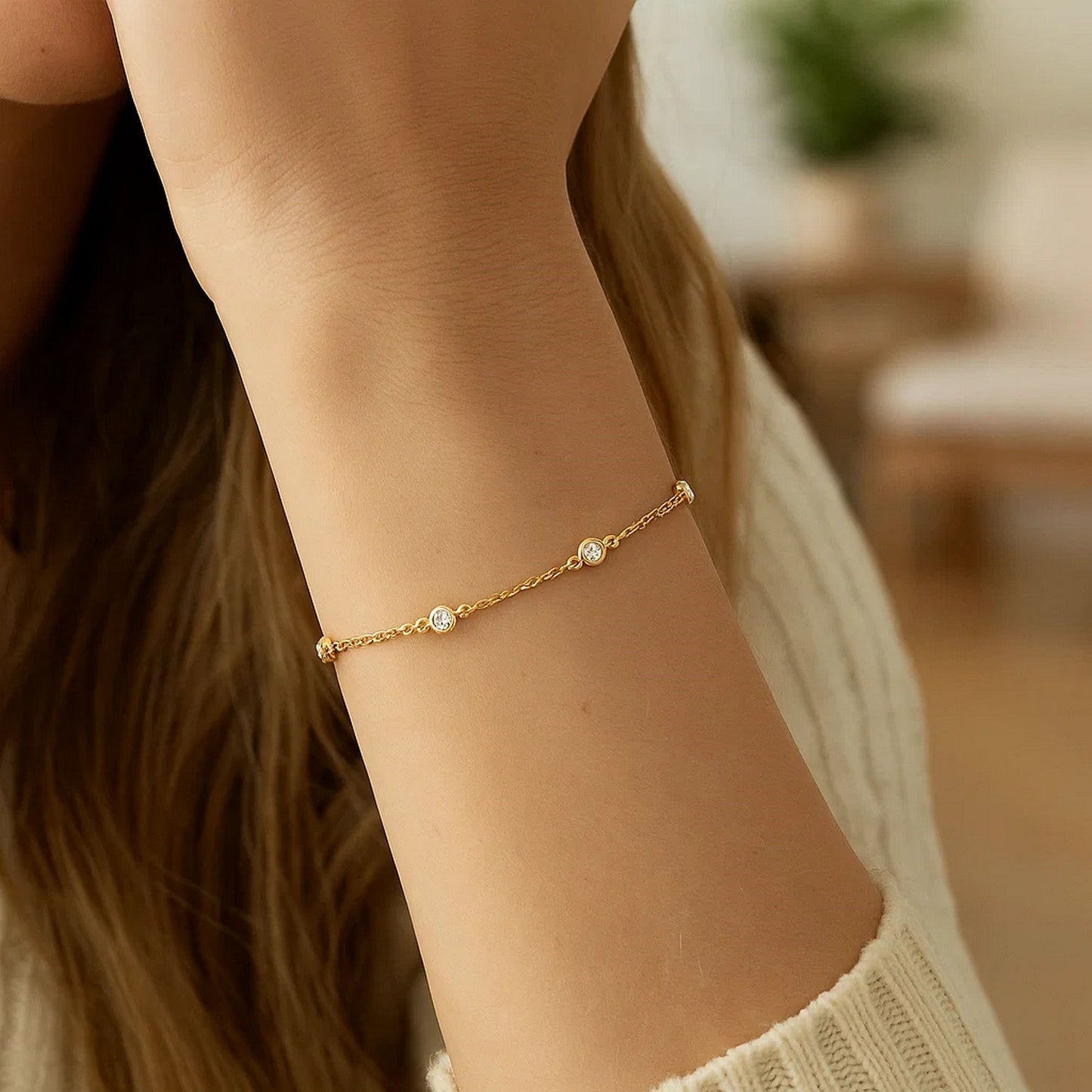 14k Yellow Gold 7 inch Bracelet with Diamond Stations (3.30 mm)