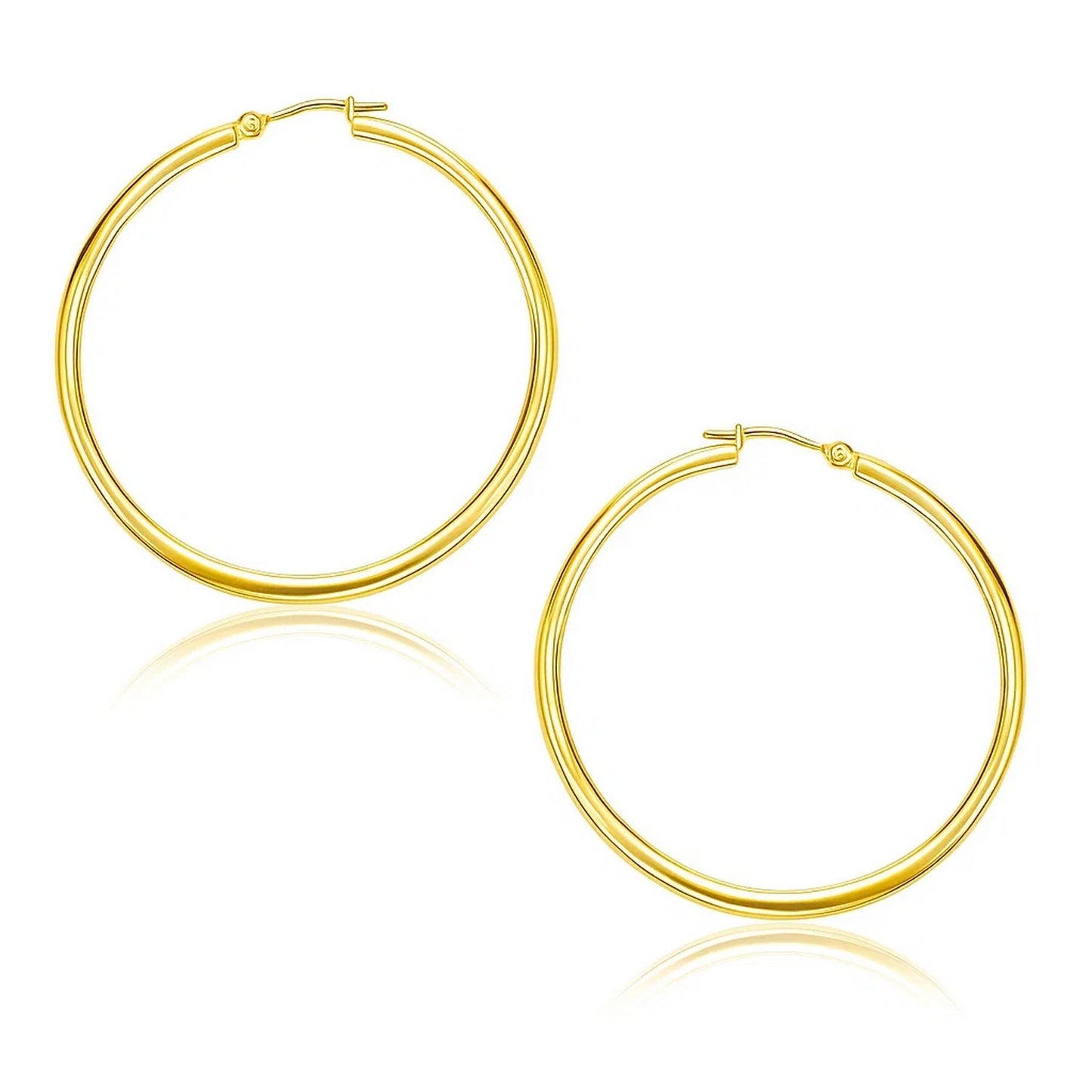 10k Yellow Gold Polished Hoop Earrings (1.5x30mm) in a sleek high-contrast midnight luxury editorial style