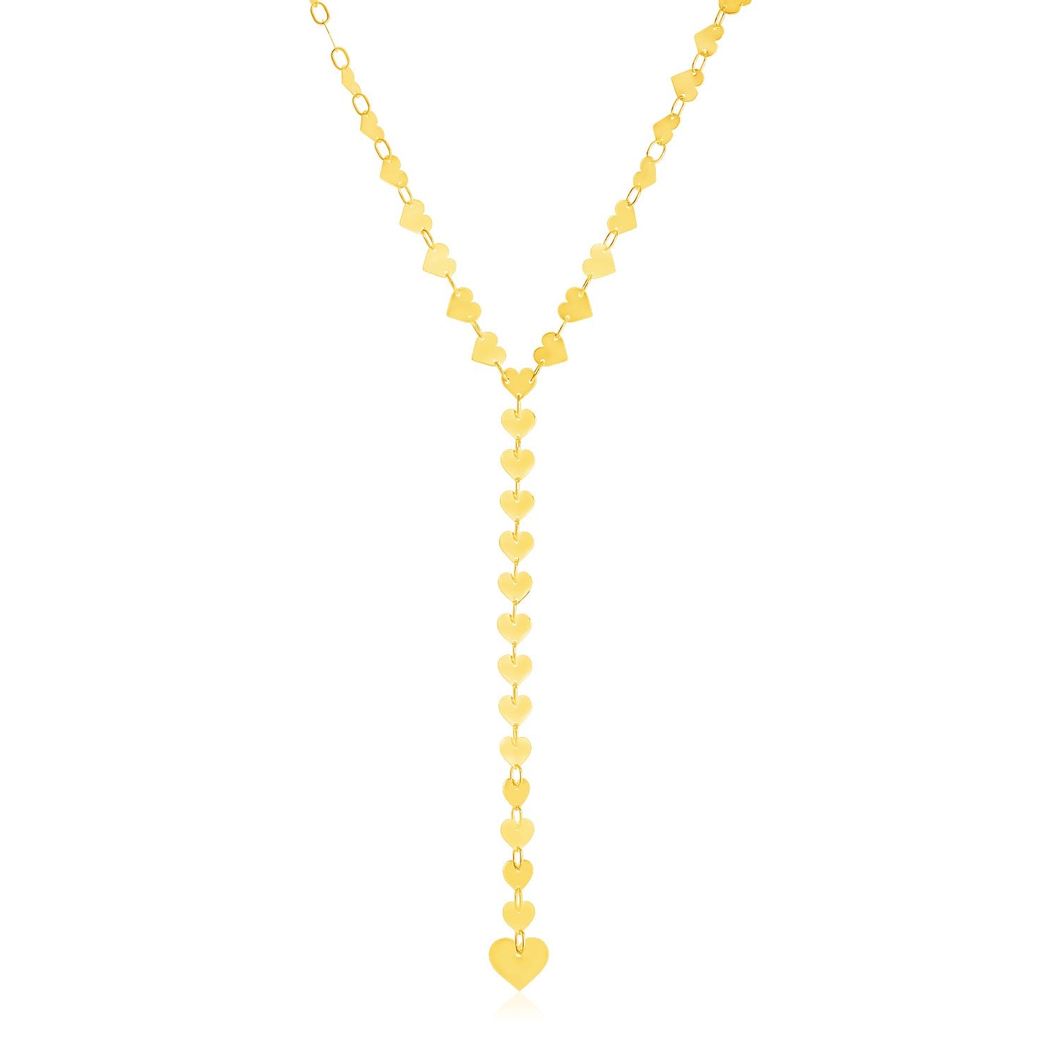 14k Yellow Gold Mirrored Heart Chain Lariat Necklace in a sleek high-contrast midnight luxury editorial style