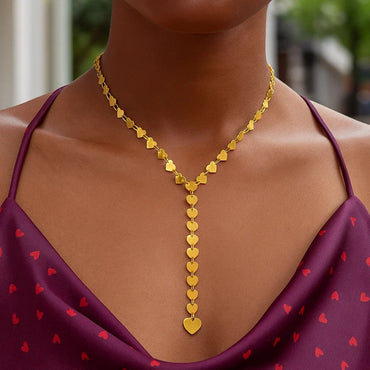 14k Yellow Gold Mirrored Heart Chain Lariat Necklace