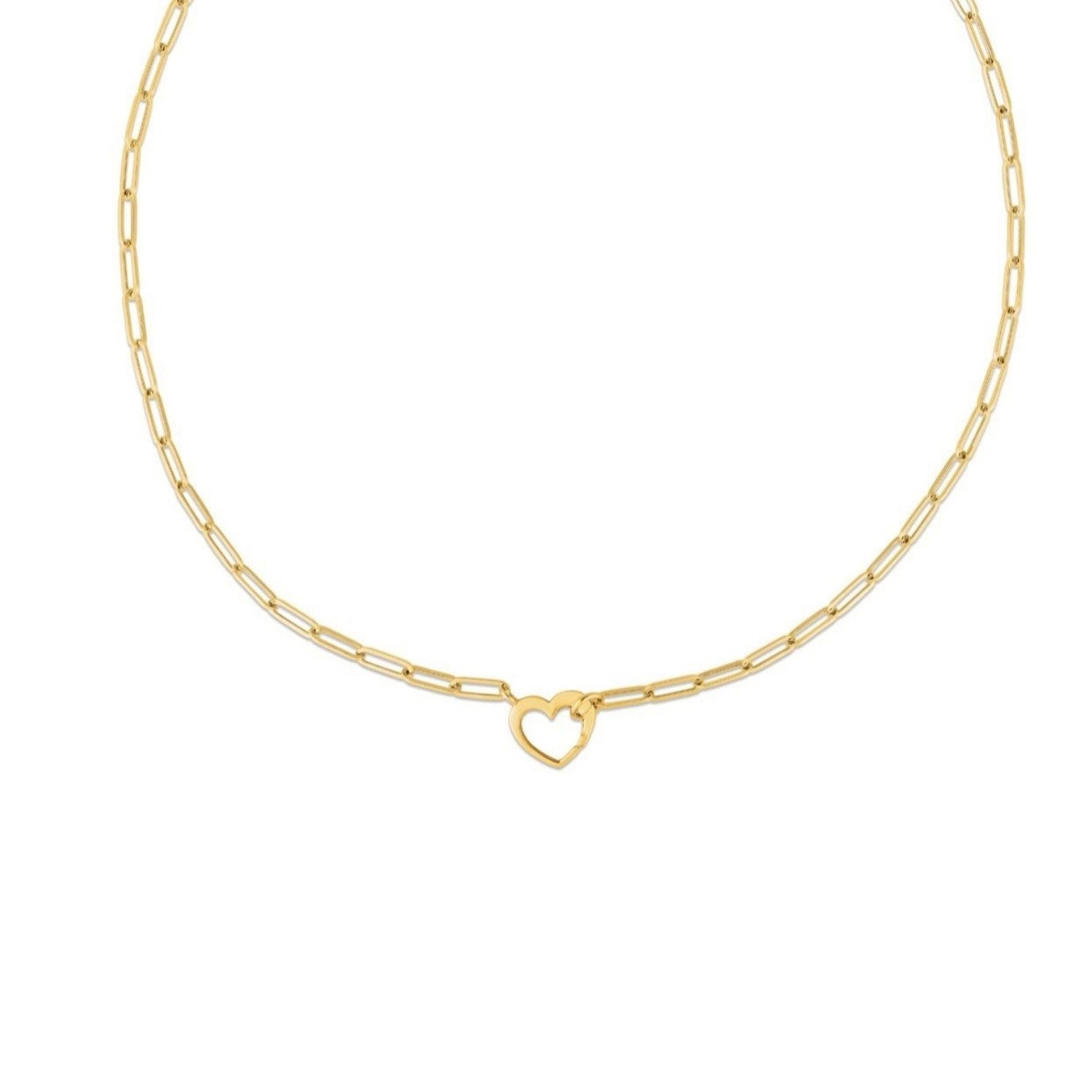 14k Yellow Gold Heart Element Paperclip Necklace in a sleek high-contrast midnight luxury editorial style