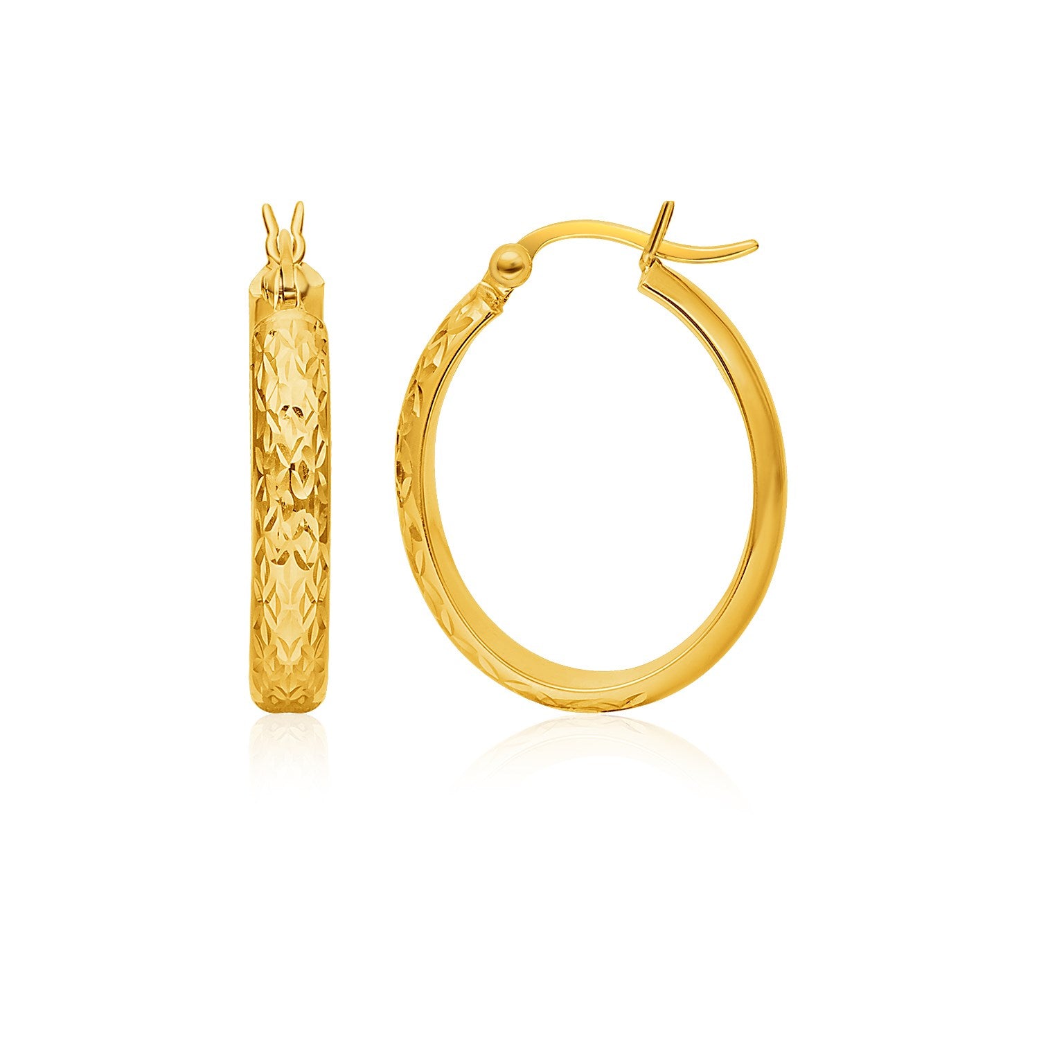 14k Yellow Gold Hammered Oval Hoop Earrings in a sleek high-contrast midnight luxury editorial style