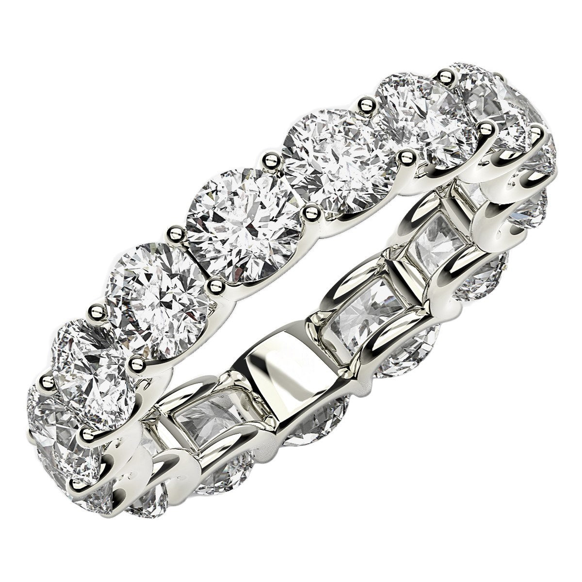 Round Cut Lab Grown Diamond Eternity Ring in 14k White Gold (5 cttw FG/VS2) in a sleek high-contrast midnight luxury editoria