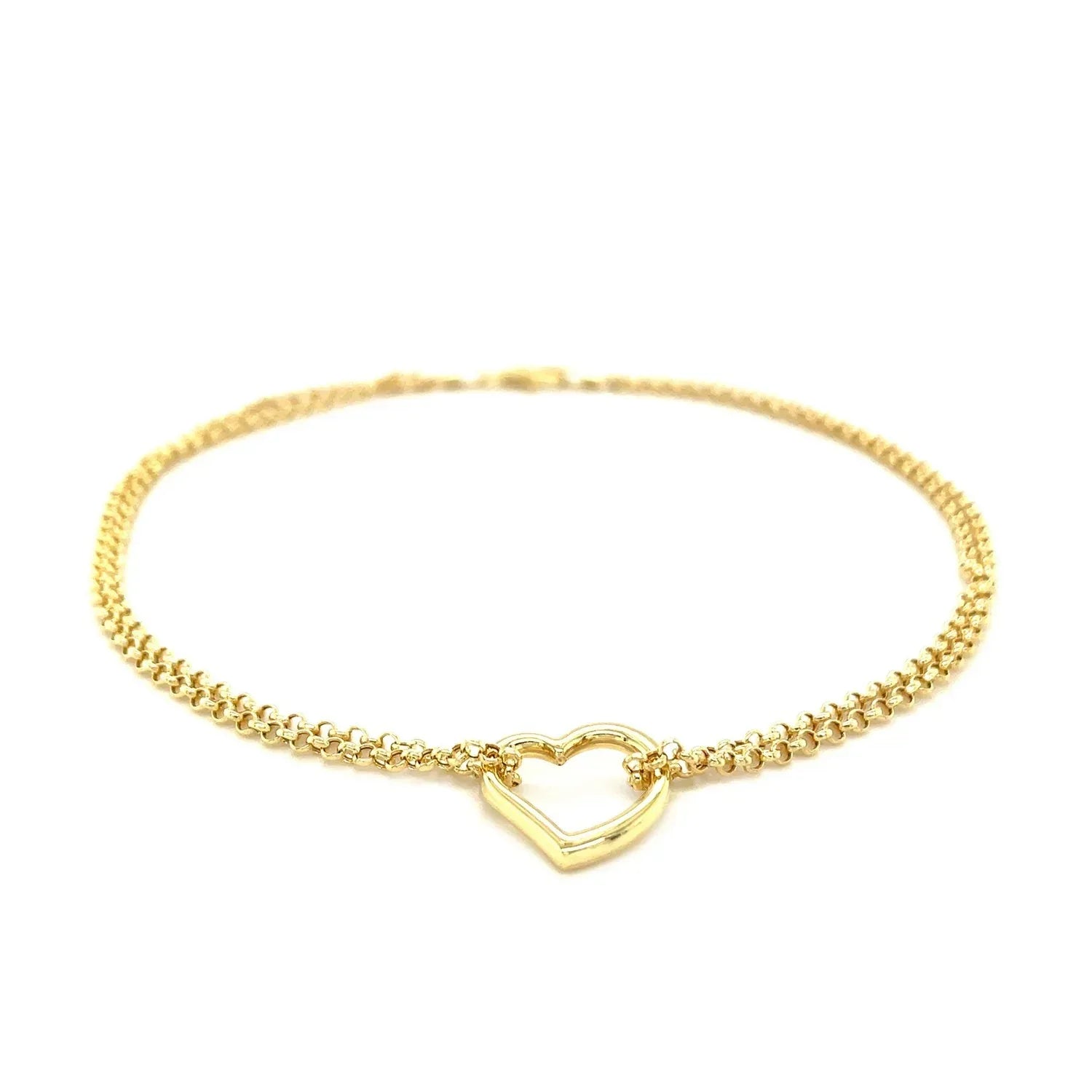 10k Yellow Gold Double Rolo Chain Anklet with an Open Heart Station - Peelerie