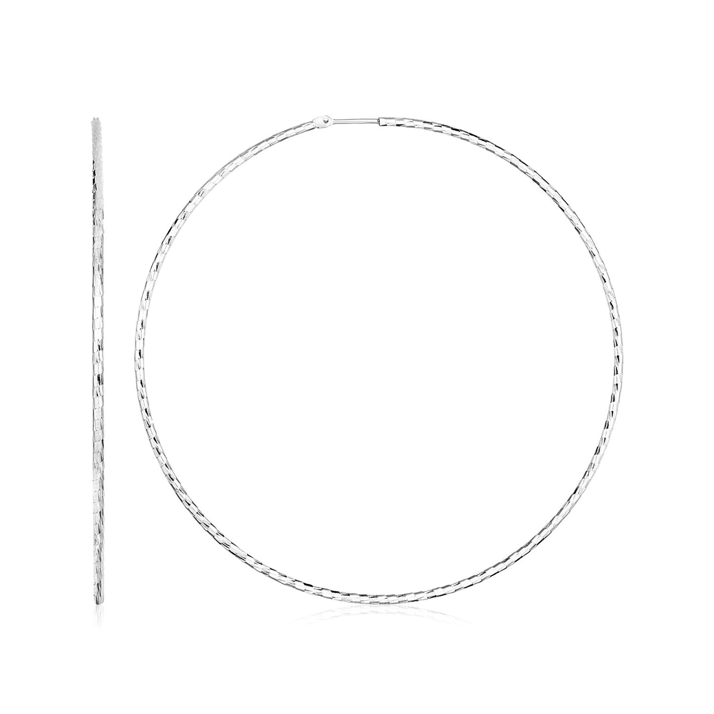 Sterling Silver Large Textured Round Hoop Earrings(1.6x60mm) in a sleek high-contrast midnight luxury editorial style