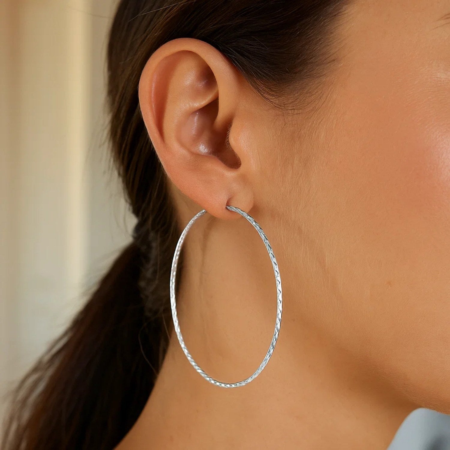 Sterling Silver Large Textured Round Hoop Earrings(1.6x60mm) - Peelerie