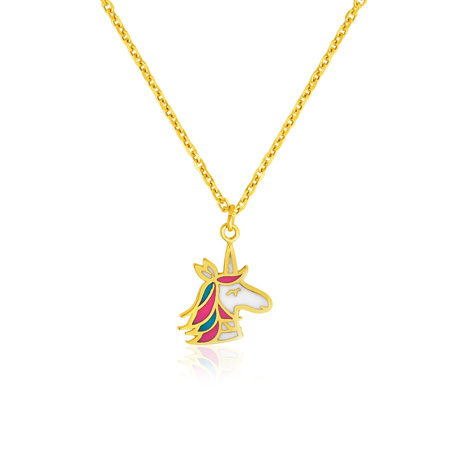 14k Yellow Gold Childrens Necklace with Enameled Unicorn Pendant in a sleek high-contrast midnight luxury editorial style