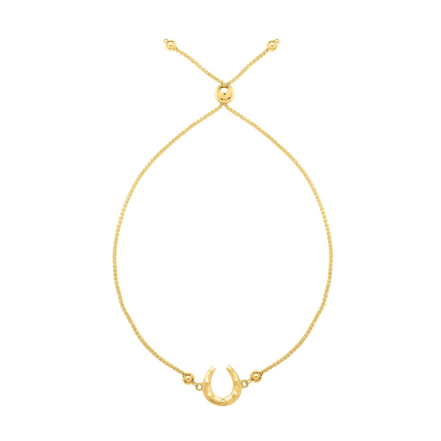 Adjustable Horseshoe Draw String Bracelet in 14K Yellow Gold in a sleek high-contrast midnight luxury editorial style