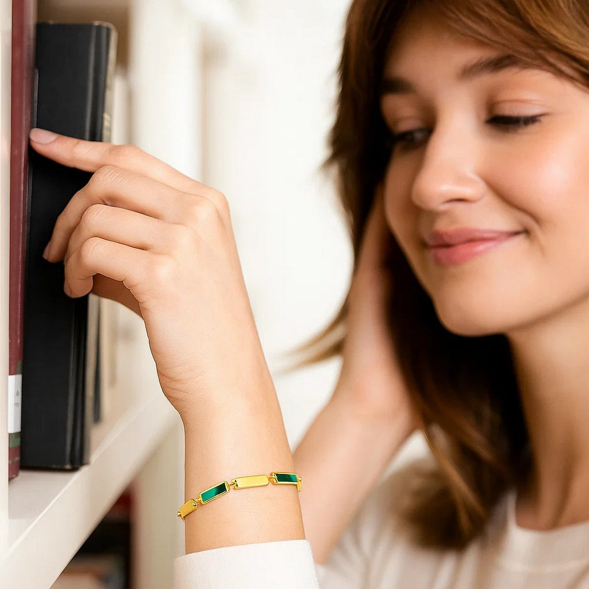 14K Yellow Gold Malachite Rectangle Links Bracelet (3.50 mm)