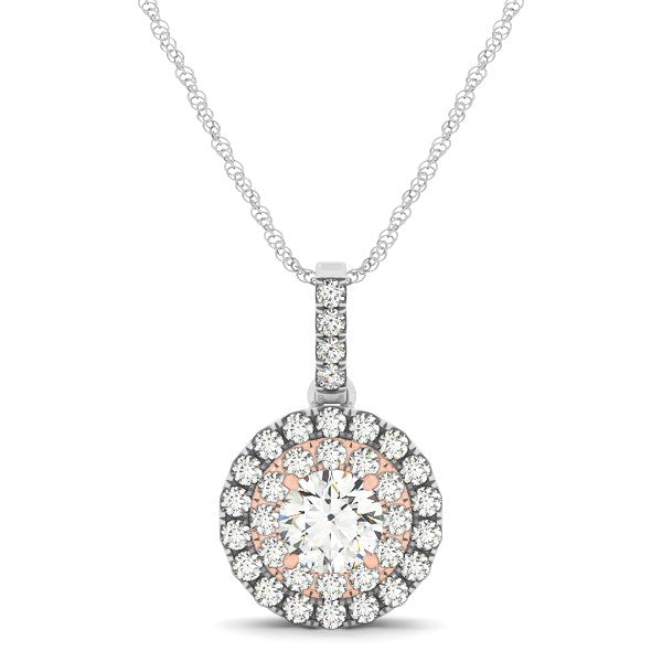 Round Shape Halo Diamond Pendant in 14k White and Rose Gold (1/2 cttw) in a sleek high-contrast midnight luxury editorial sty
