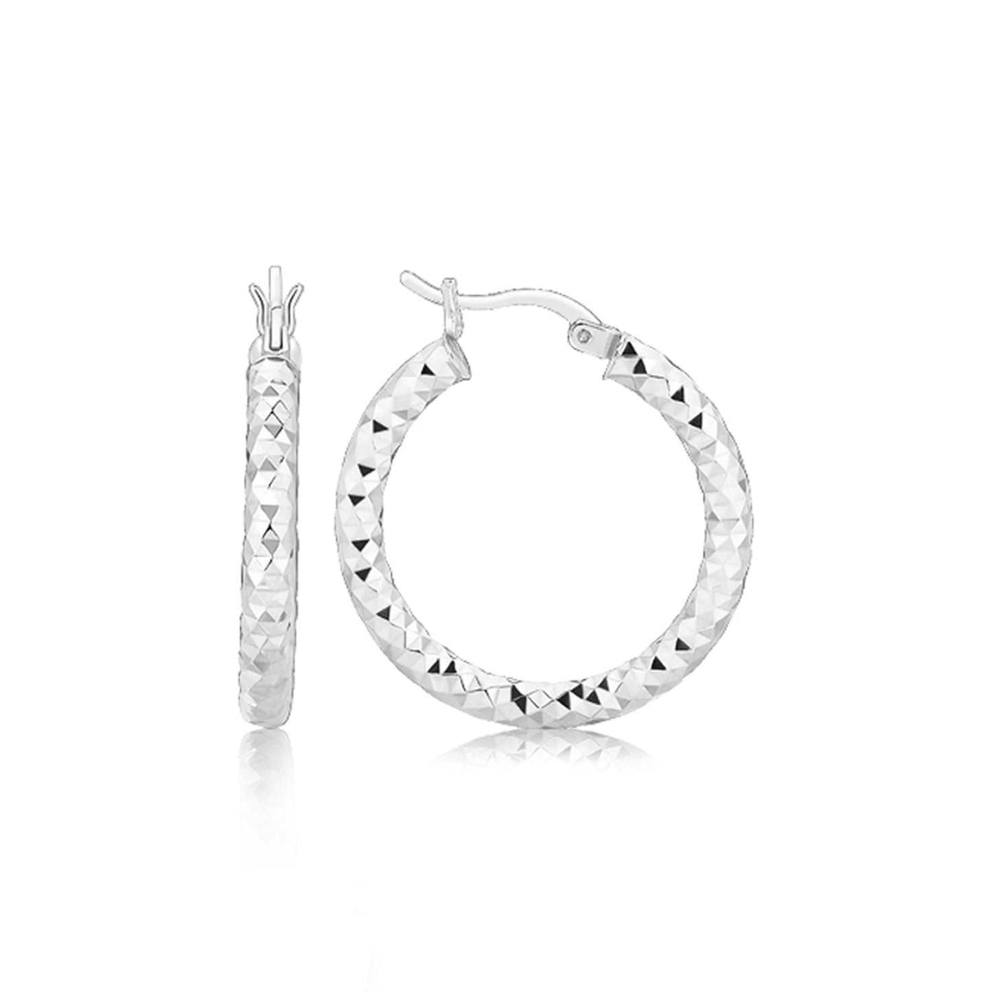 Sterling Silver Faceted Style Hoop Earrings with Rhodium Finishing(3x20mm) in a sleek high-contrast midnight luxury editorial