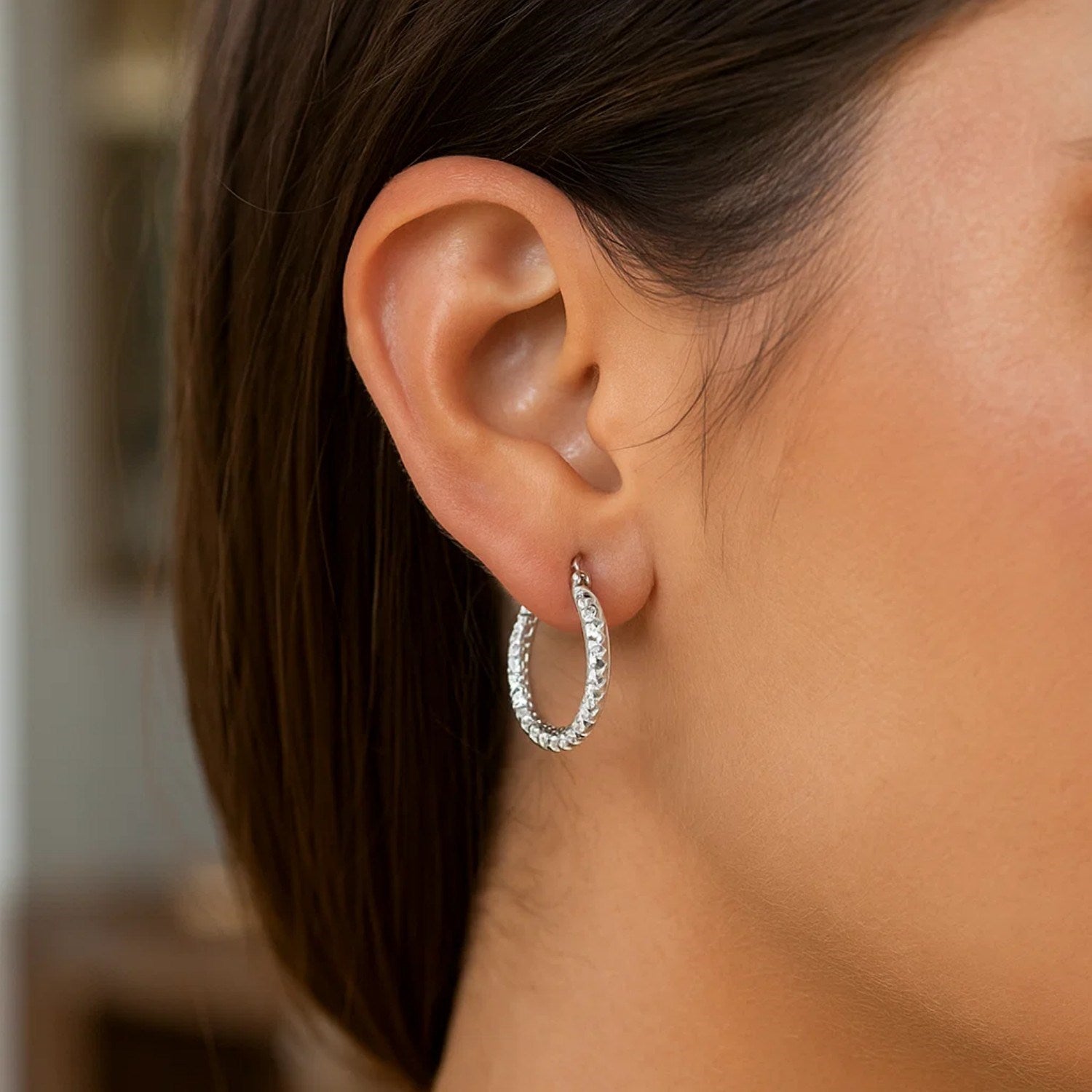 Sterling Silver Faceted Style Hoop Earrings with Rhodium Finishing(3x20mm) - Peelerie