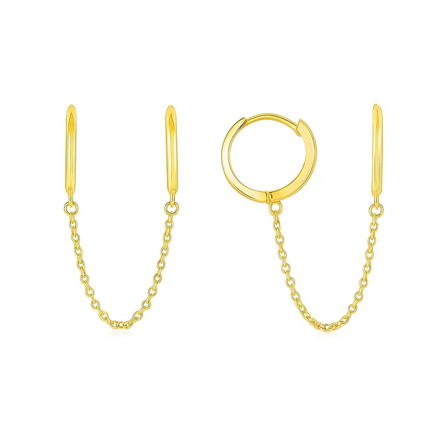 14k Yellow Gold Two Hole Huggie Style Hoop Earrings in a sleek high-contrast midnight luxury editorial style