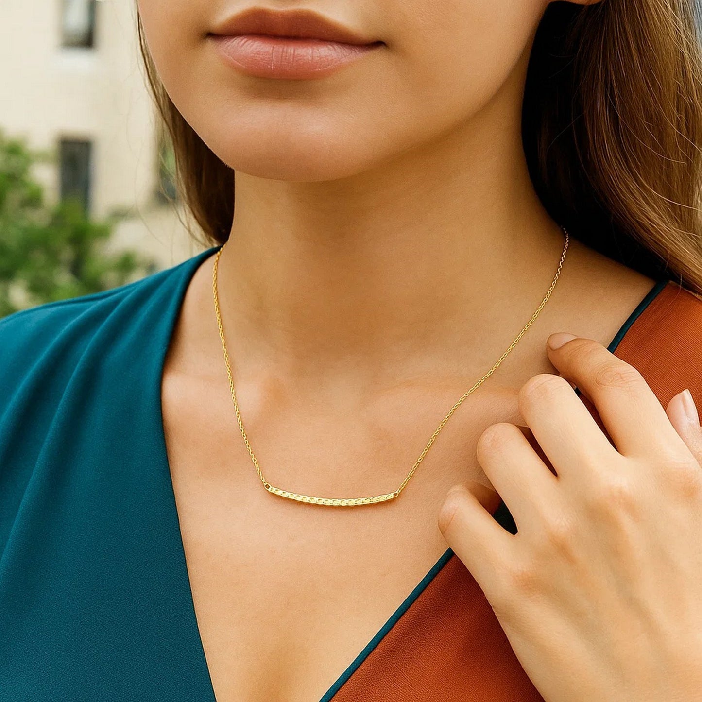 14k Yellow Gold Thin Textured Bar Necklace