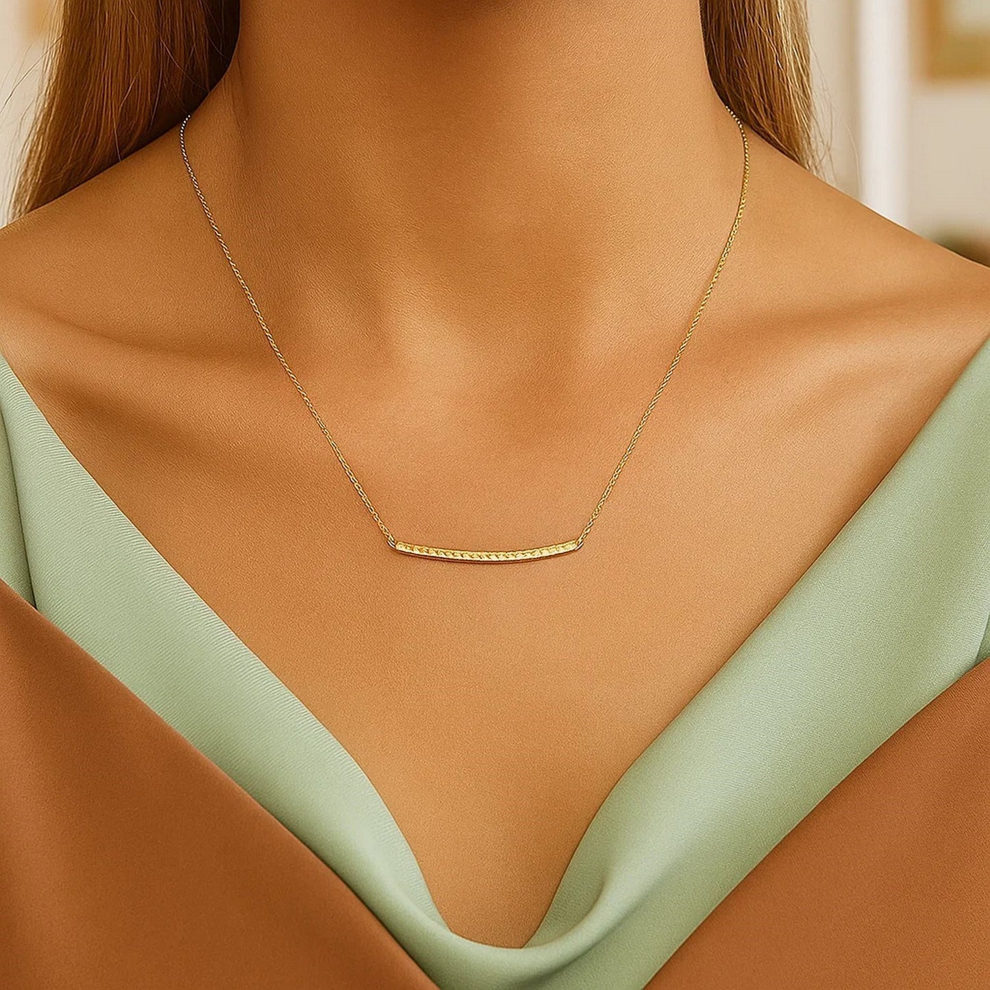 14k Yellow Gold Thin Textured Bar Necklace