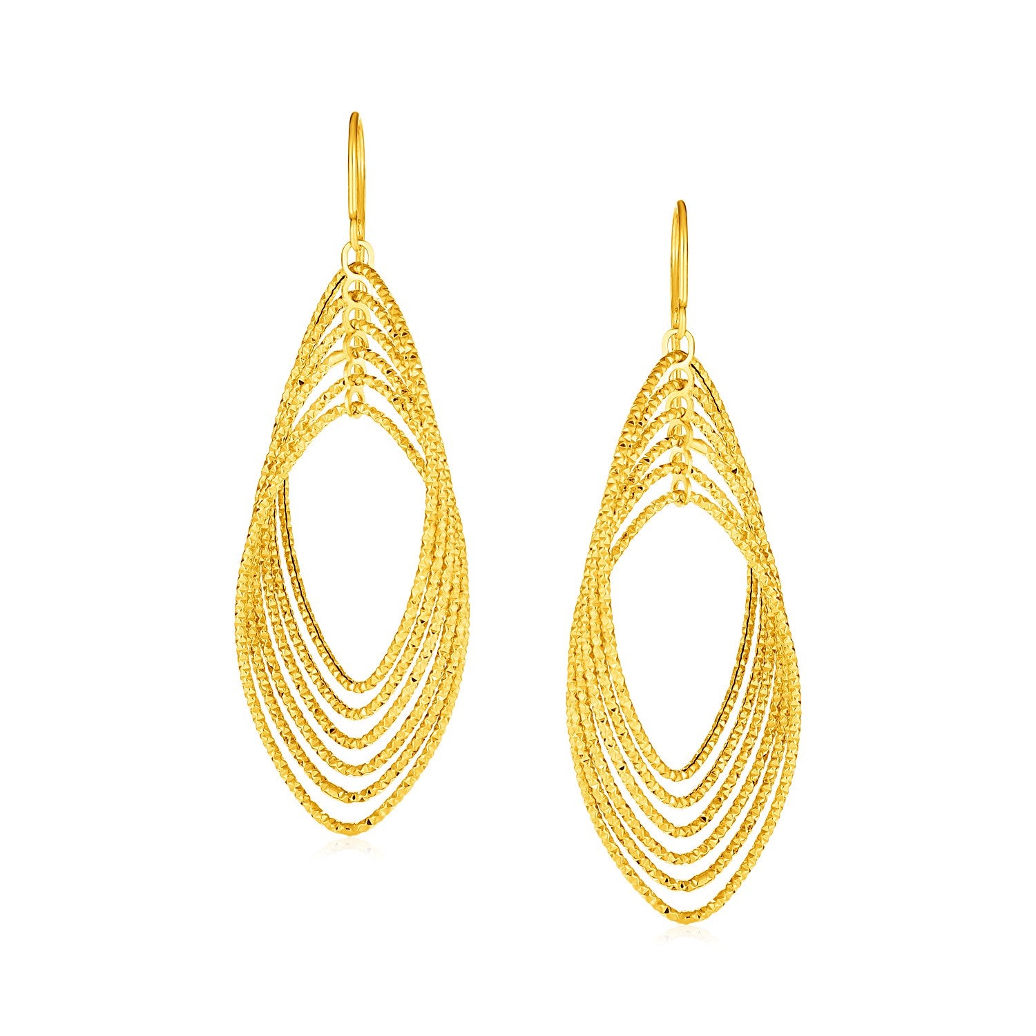 14k Yellow Gold Post Earrings with Textured Marquise Shapes in a sleek high-contrast midnight luxury editorial style