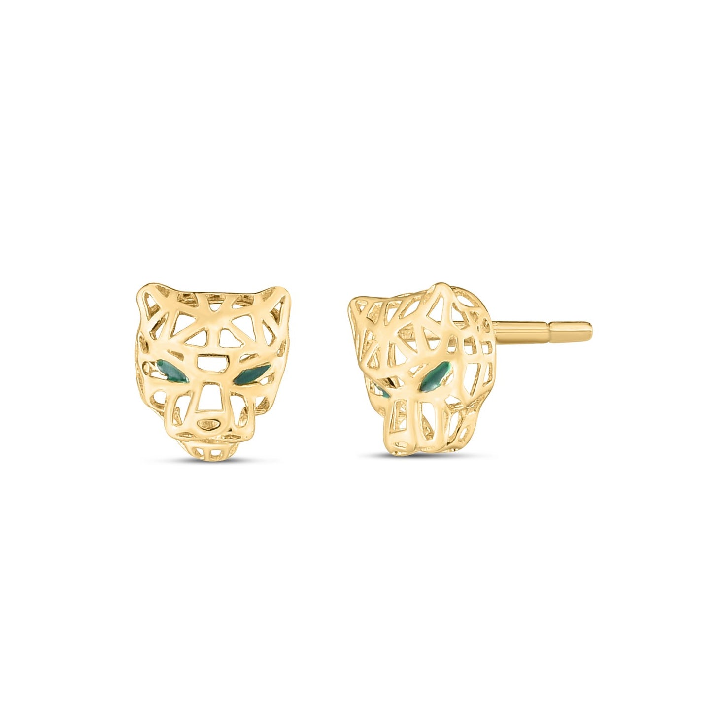 14k Yellow Gold Panther Head Stud Earrings in a sleek high-contrast midnight luxury editorial style
