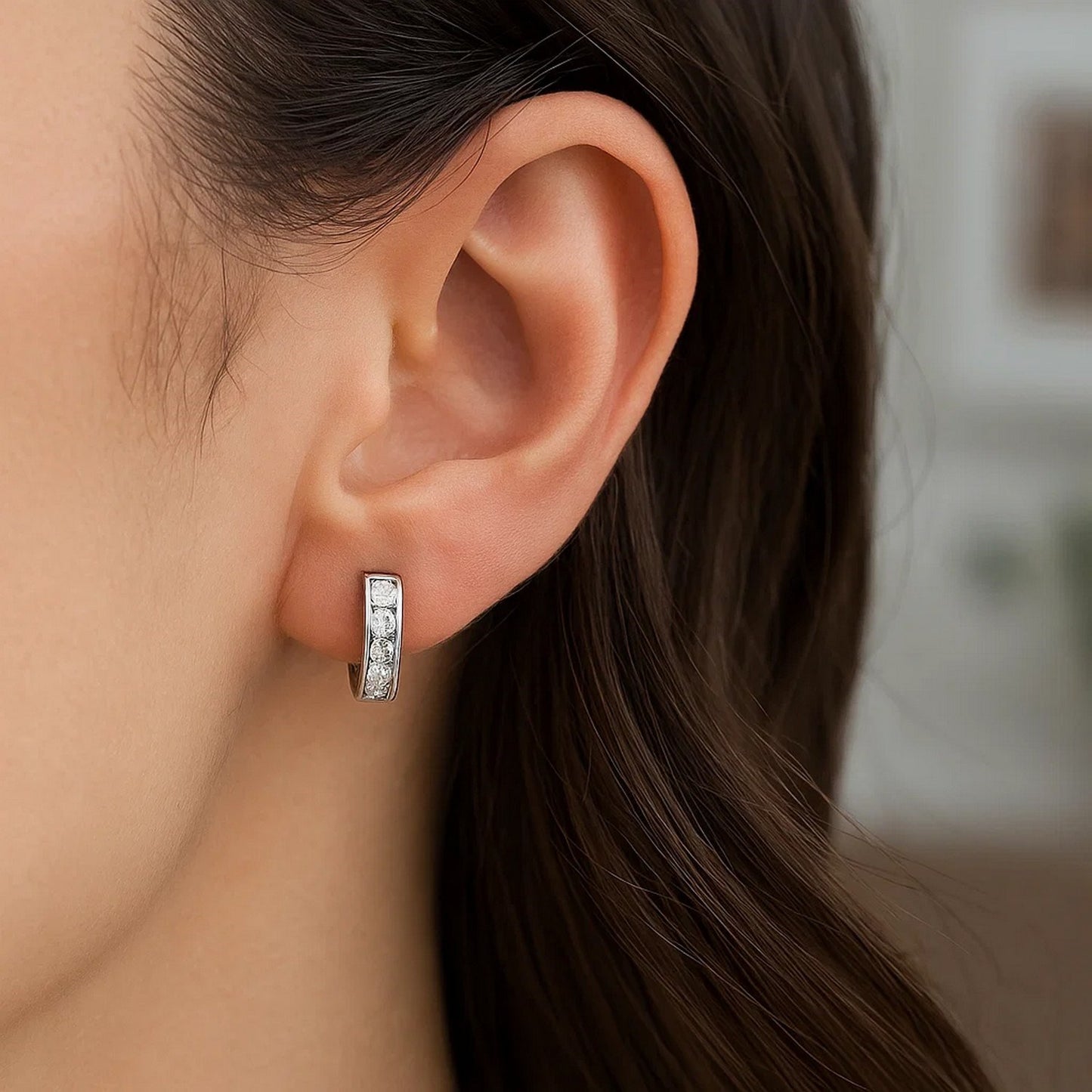 Sterling Silver Petite Hoop Earrings with Cubic Zirconias(3x10mm) - Peelerie