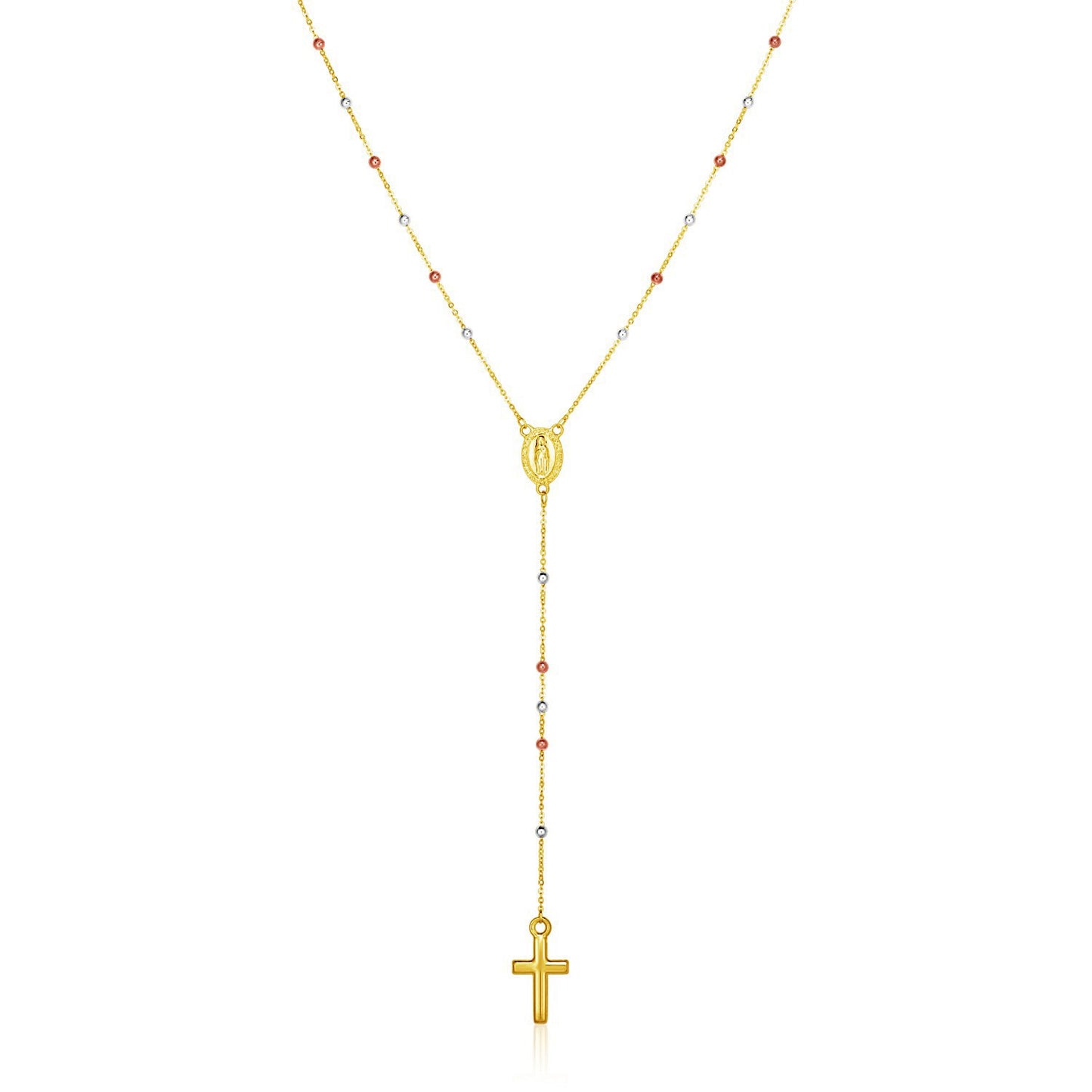 14k Tri Color Gold Lariat Rosary Necklace in a sleek high-contrast midnight luxury editorial style