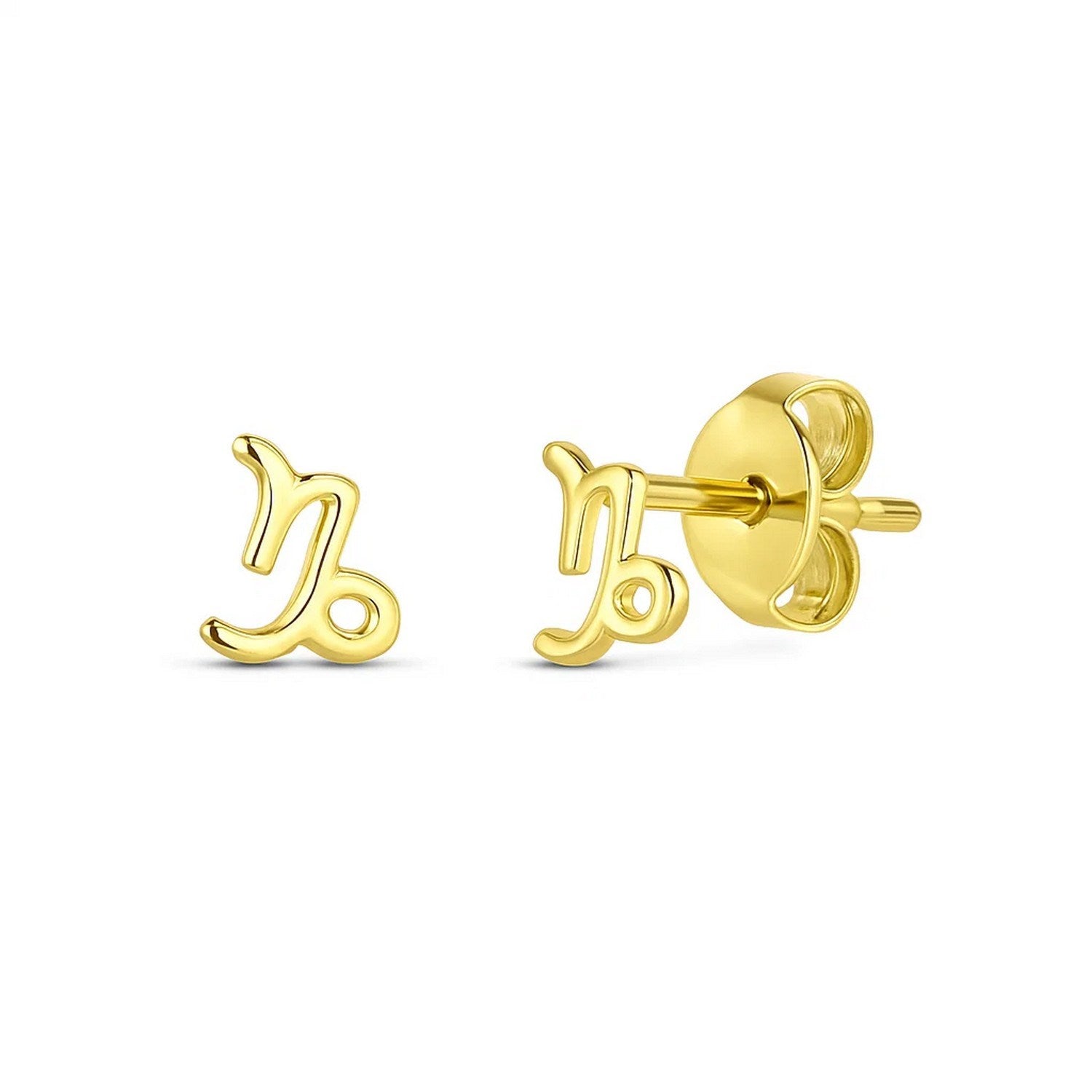 14k Yellow Gold Capricorn Stud Earrings in a sleek high-contrast midnight luxury editorial style