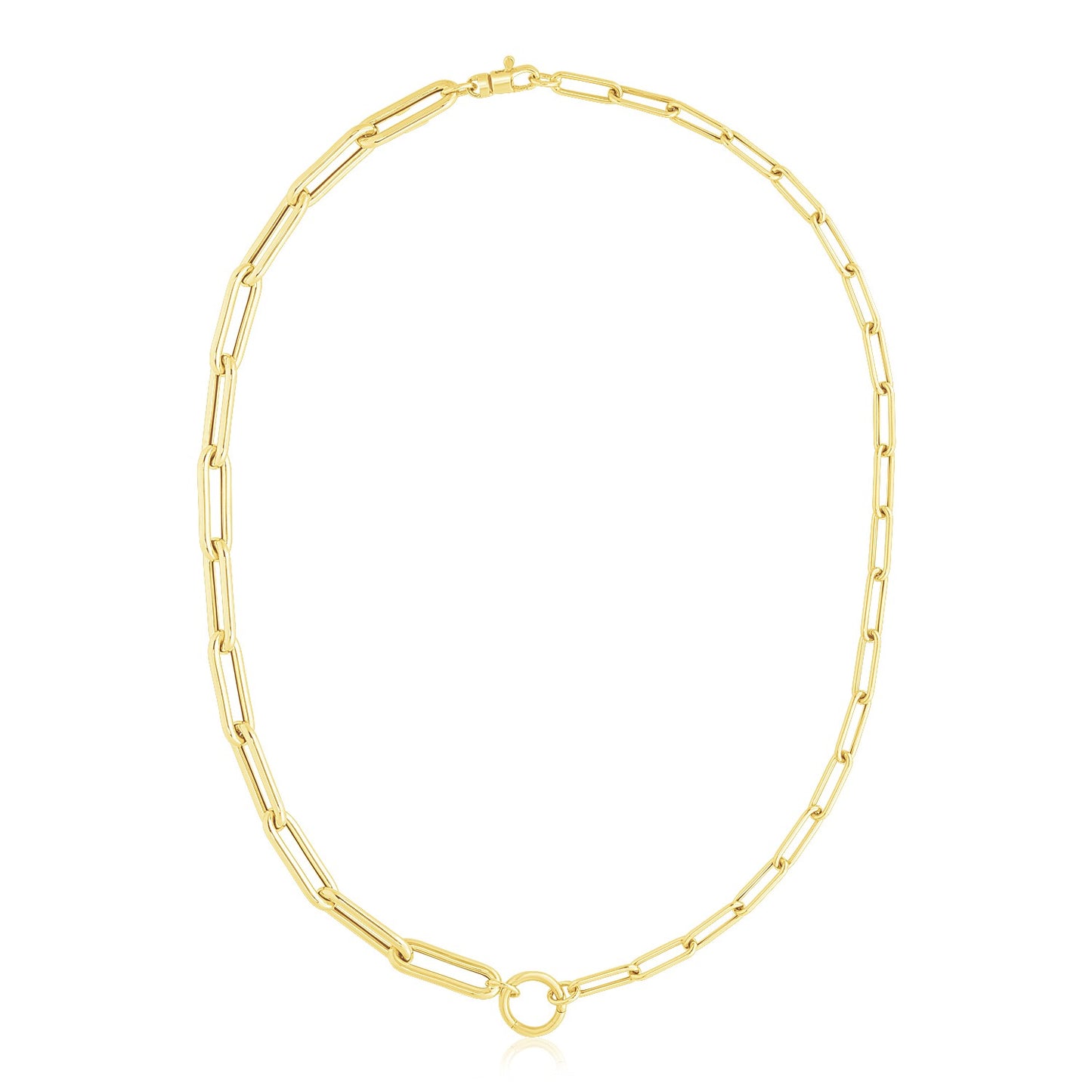 14k Yellow Gold High Polish Elongated Paperclip Chain Circle Necklace in a sleek high-contrast midnight luxury editorial styl