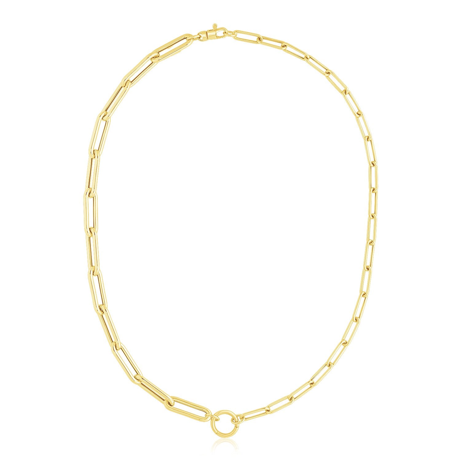 14k Yellow Gold High Polish Elongated Paperclip Chain Circle Necklace in a sleek high-contrast midnight luxury editorial styl