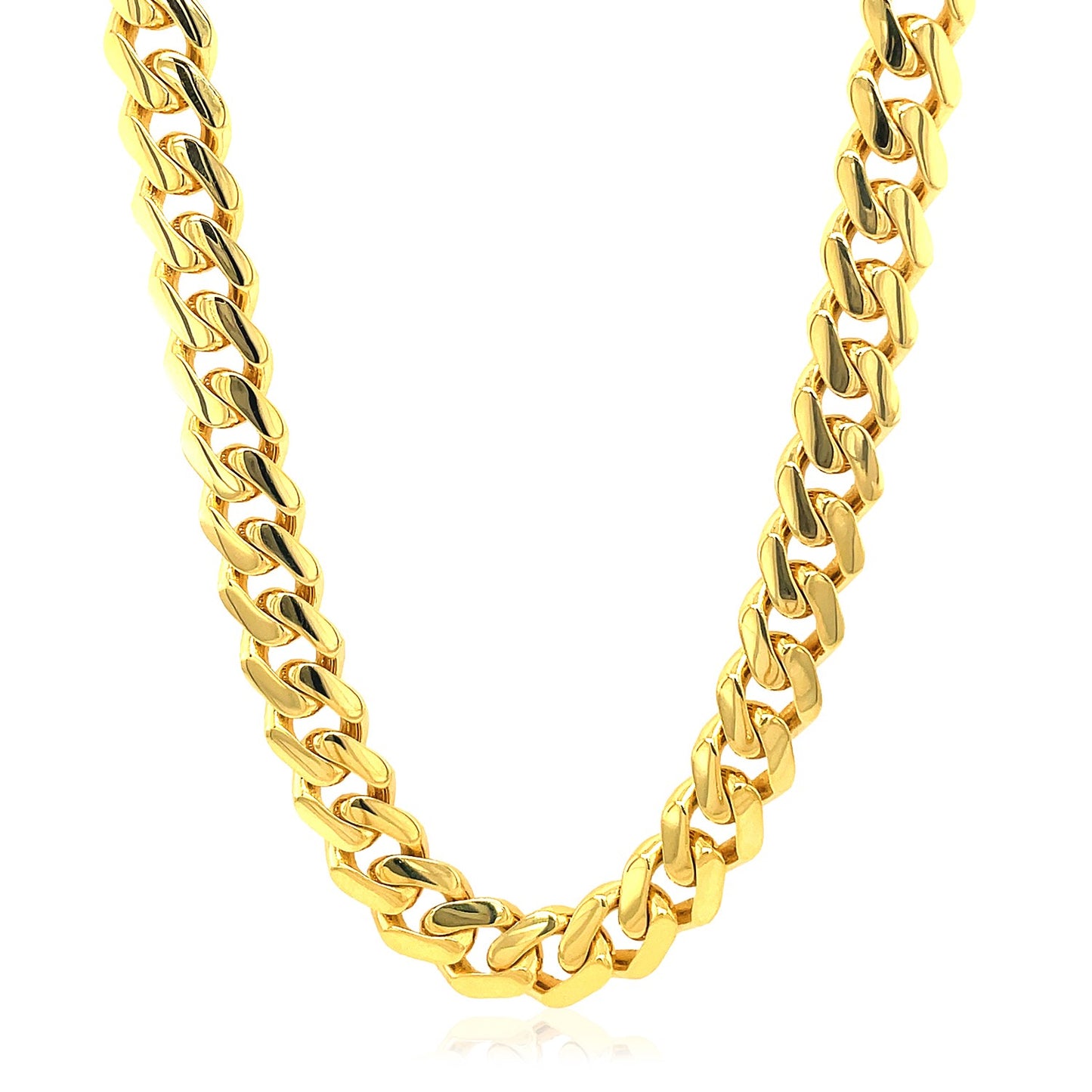 14k Yellow Gold Polished Miami Cuban Chain Necklace in a sleek high-contrast midnight luxury editorial style