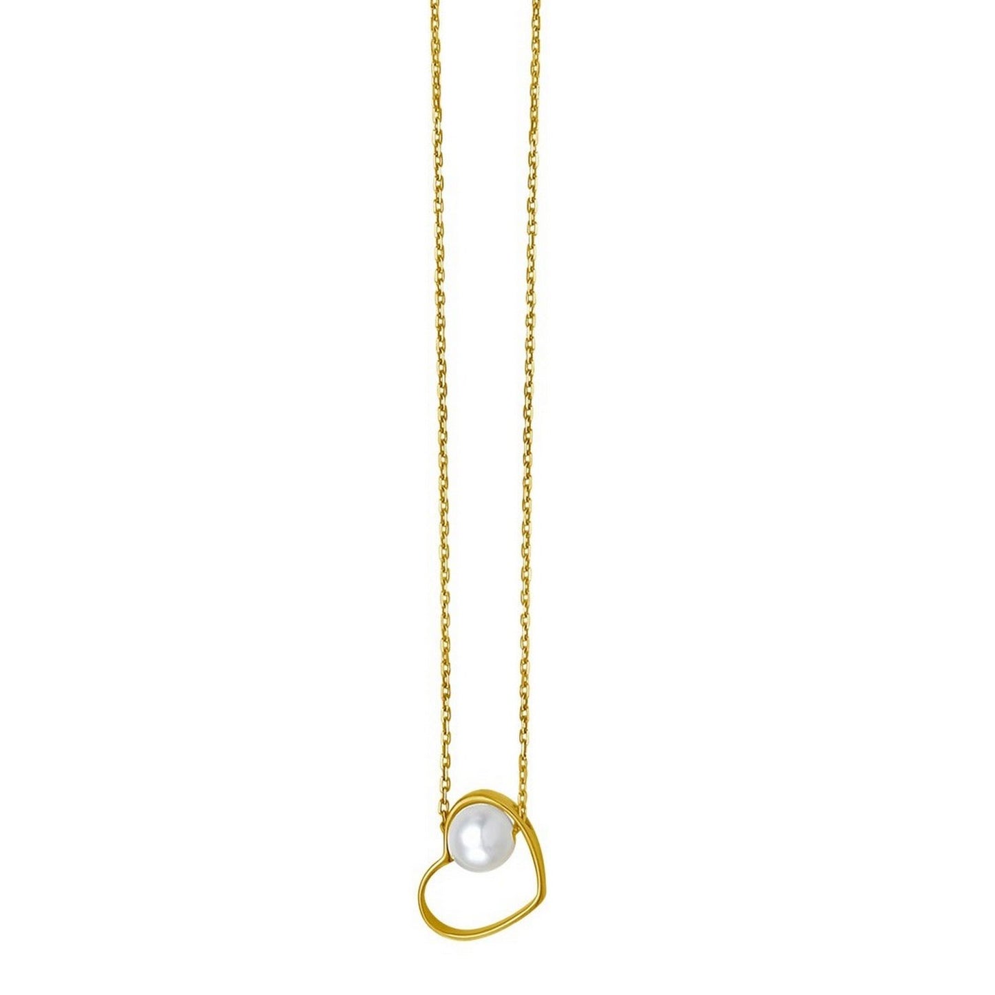 Open Heart and Pearl Necklace in 14K Yellow Gold in a sleek high-contrast midnight luxury editorial style