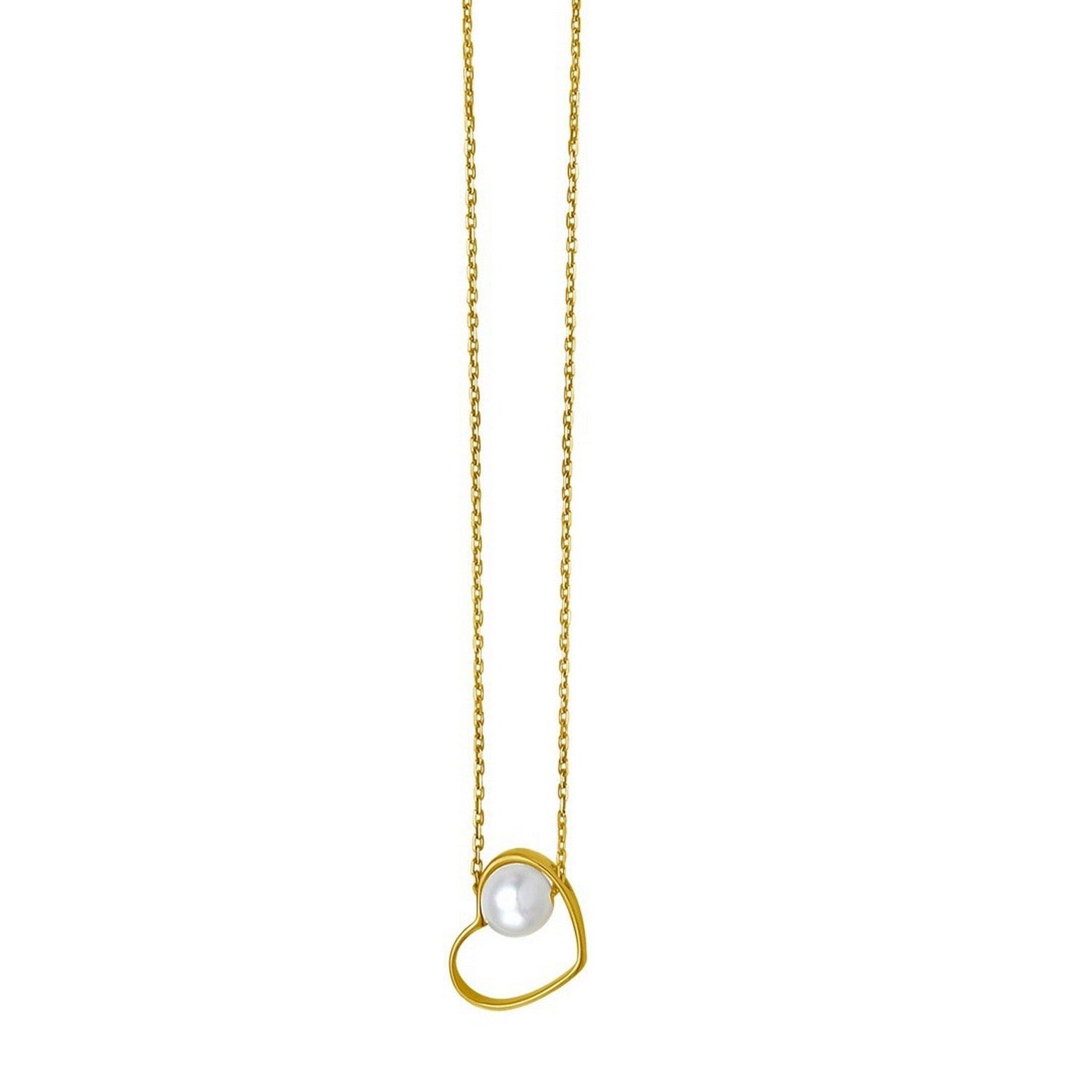 Open Heart and Pearl Necklace in 14K Yellow Gold in a sleek high-contrast midnight luxury editorial style