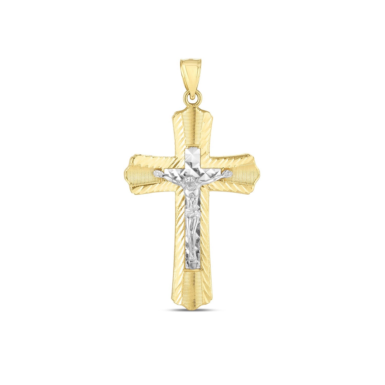 14k Two Tone Gold High Polish Diamond Cut Cross Pendant in a sleek high-contrast midnight luxury editorial style
