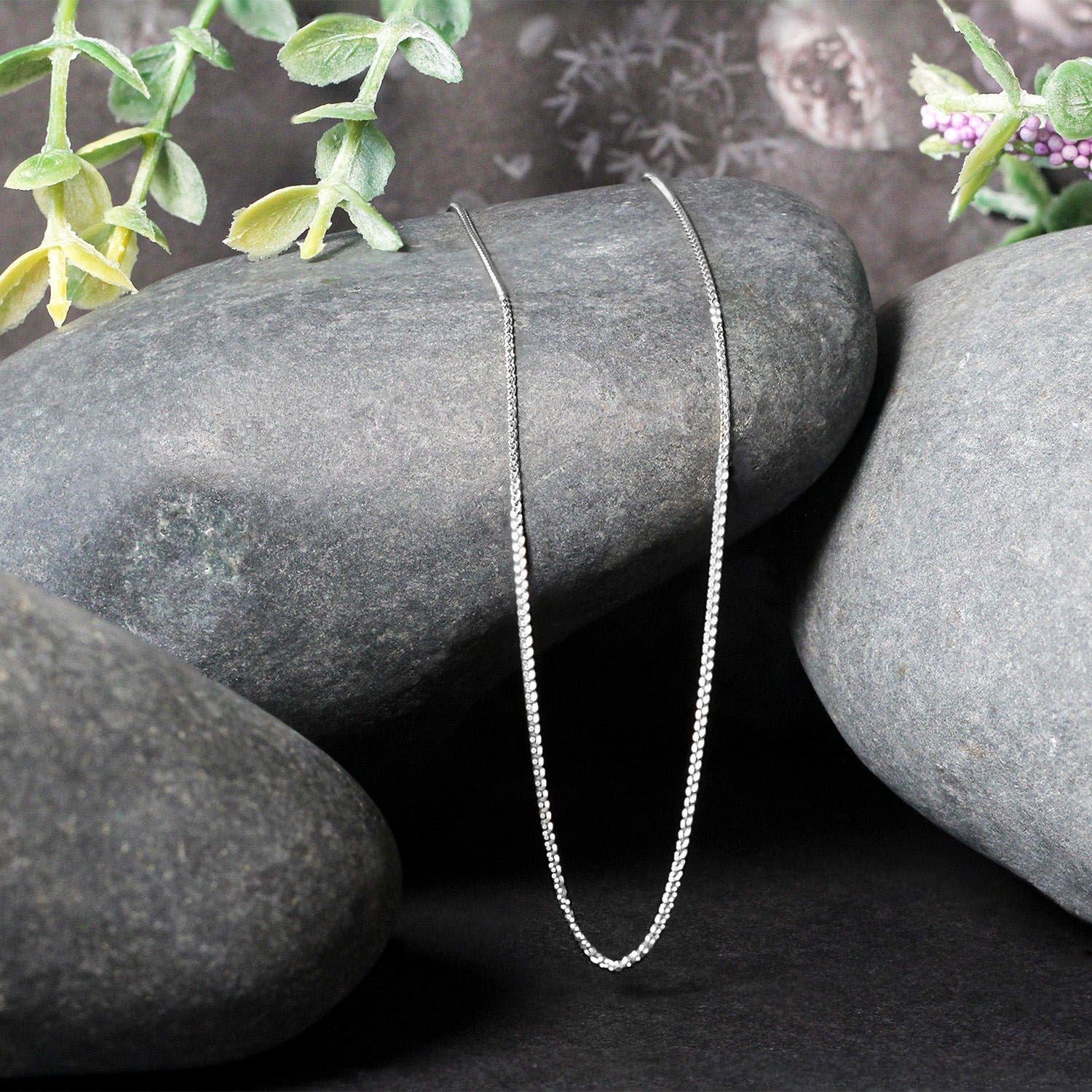 14k White Gold Round Wheat Chain (0.80 mm) in a sleek high-contrast midnight luxury editorial style