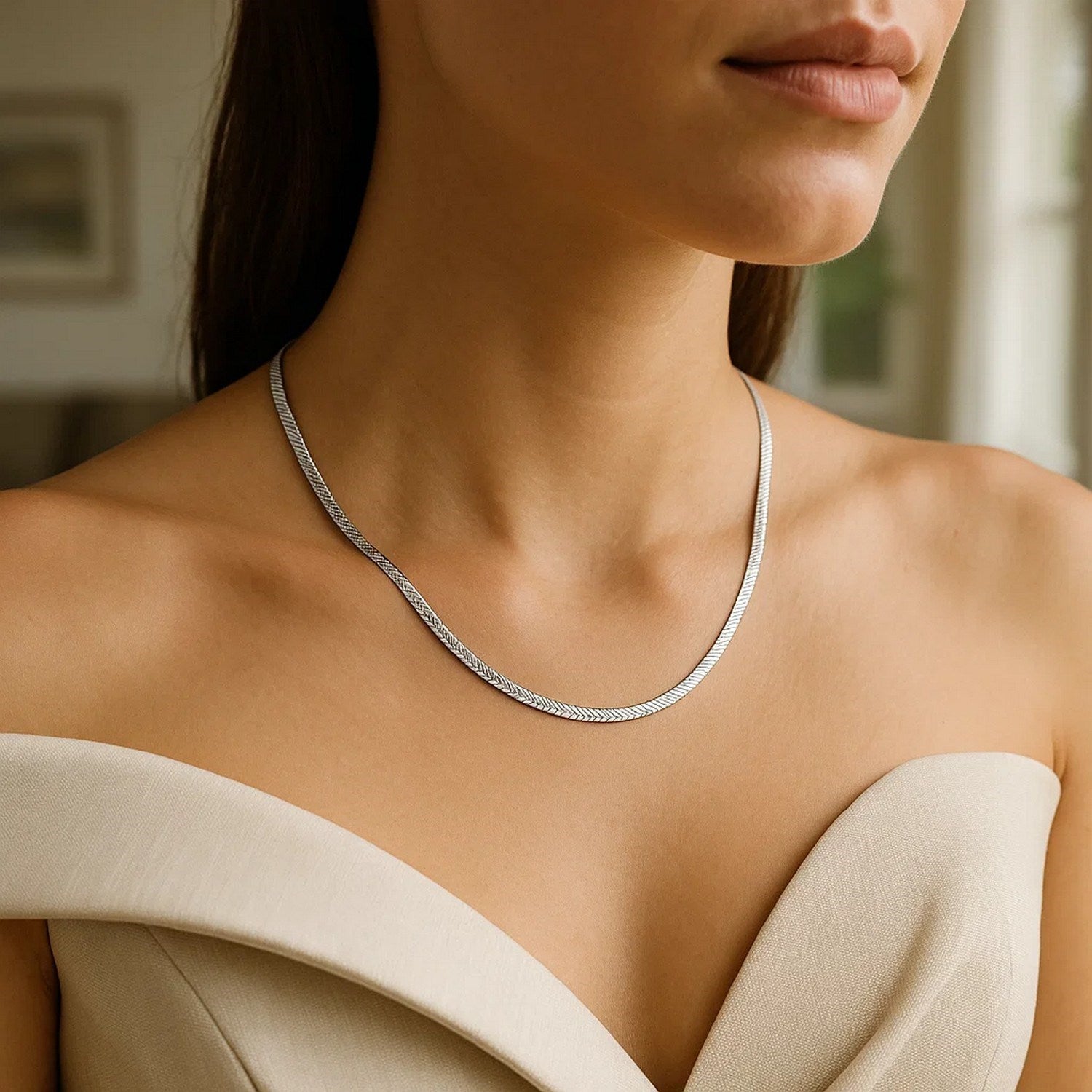 Sterling Silver Rhodium Plated Herringbone Chain (3.30 mm) - Peelerie