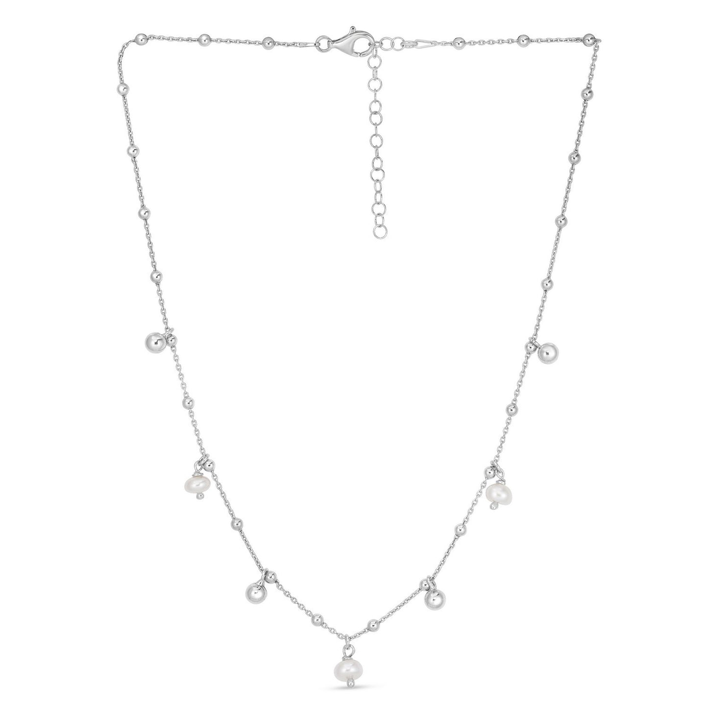 Sterling Silver Rhodium Plated Pearl Station Charm Necklace