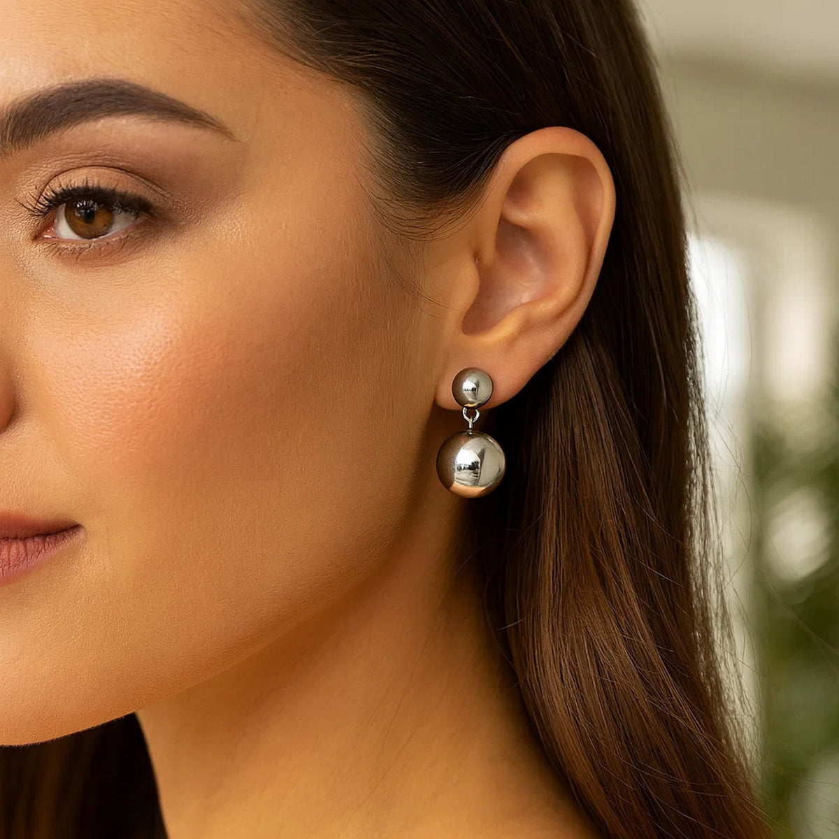Sterling Silver Rhodium Plated Puffed Round Double Button Drop Earrings