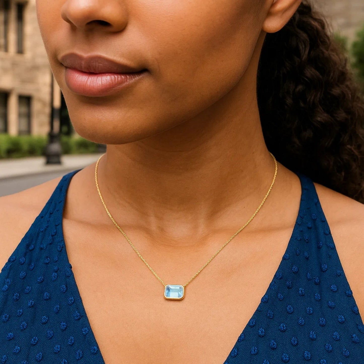 14K Yellow Gold Emerald Cut Blue Topaz Necklace