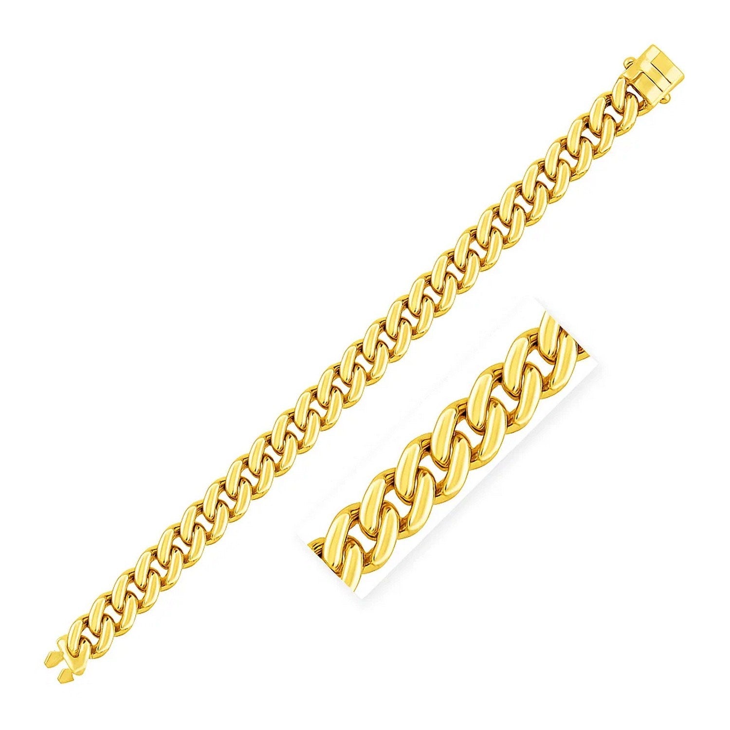 14k Yellow Gold Polished Curb Chain Bracelet (11.50 mm) in a sleek high-contrast midnight luxury editorial style