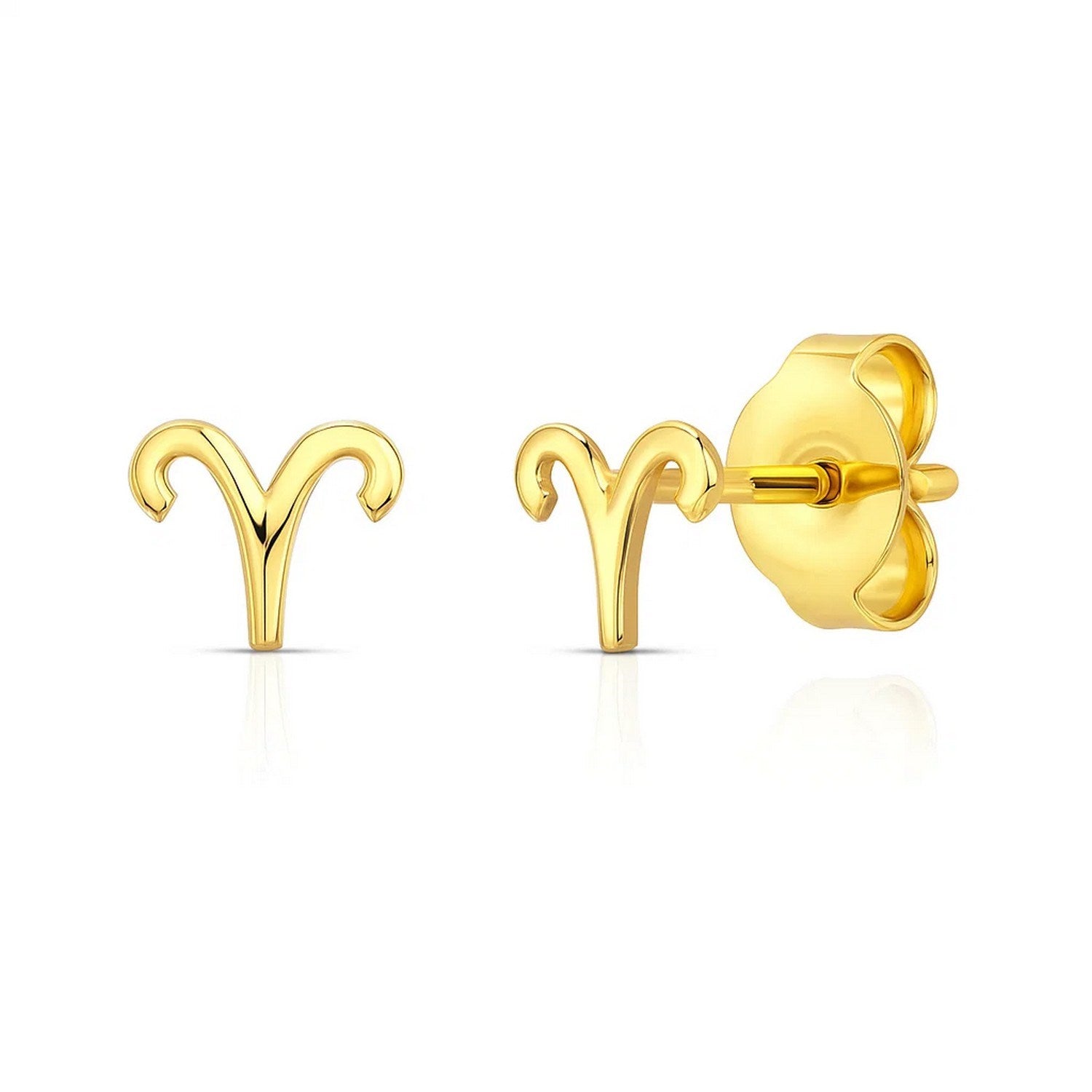 14K Yellow Gold Aries Stud Earrings in a sleek high-contrast midnight luxury editorial style