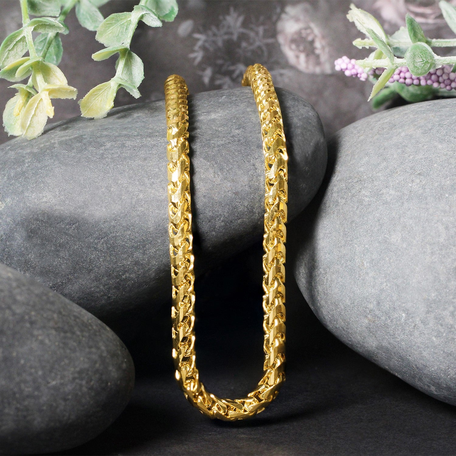 14k Yellow Solid Gold Diamond Cut Round Franco Chain (4.60 mm) in a sleek high-contrast midnight luxury editorial style