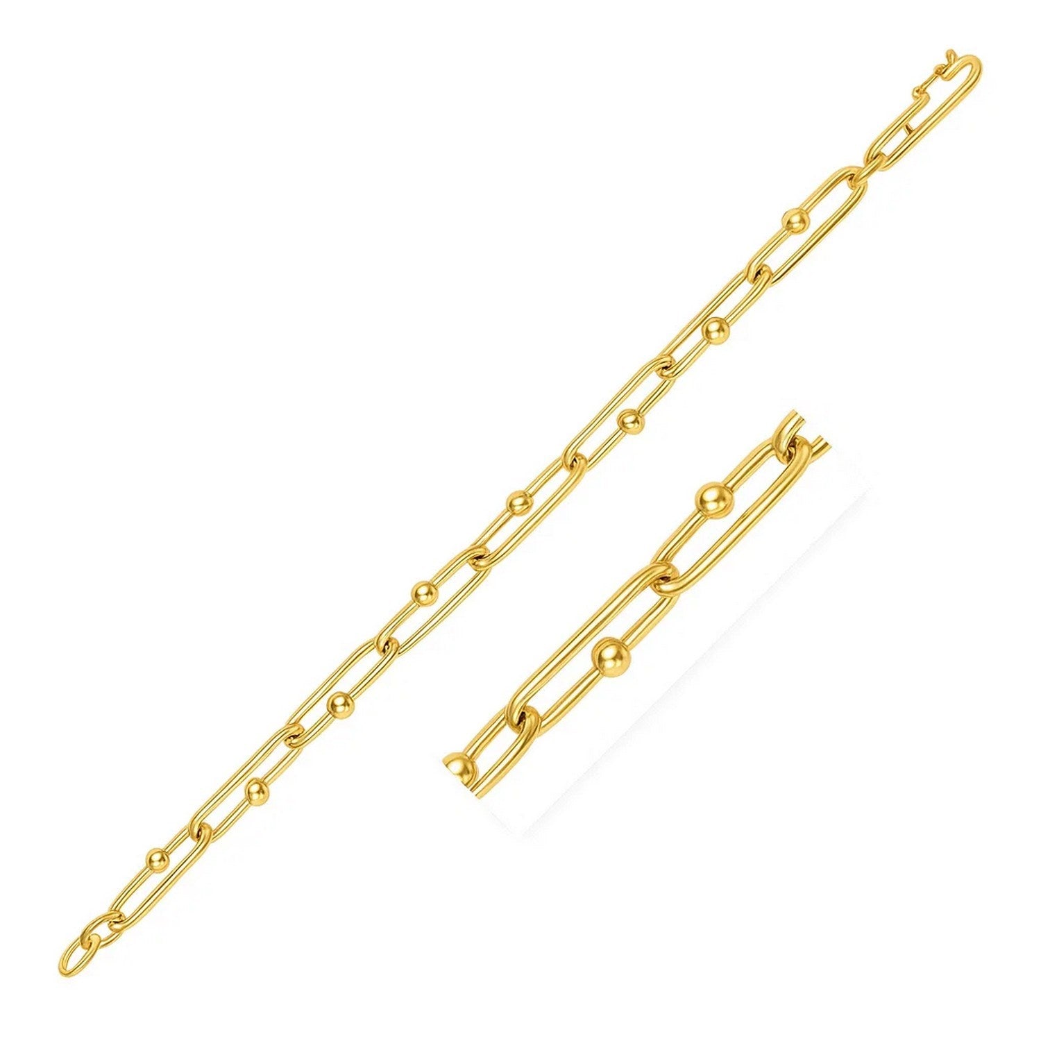 14k Yellow Gold 7 3/4 inch Beaded Oval Chain Bracelet (7.20 mm) in a sleek high-contrast midnight luxury editorial style