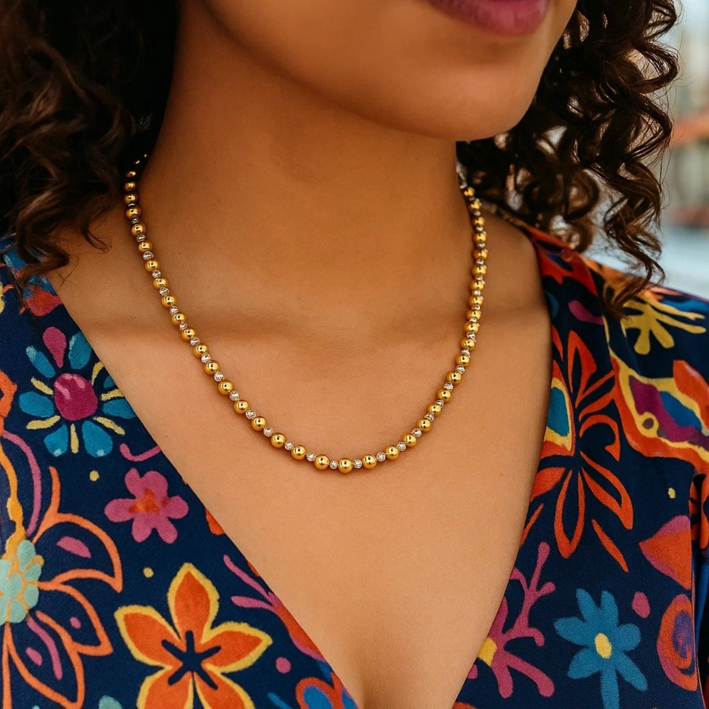 Two Tone Beaded Chain Necklace in 14K Gold
