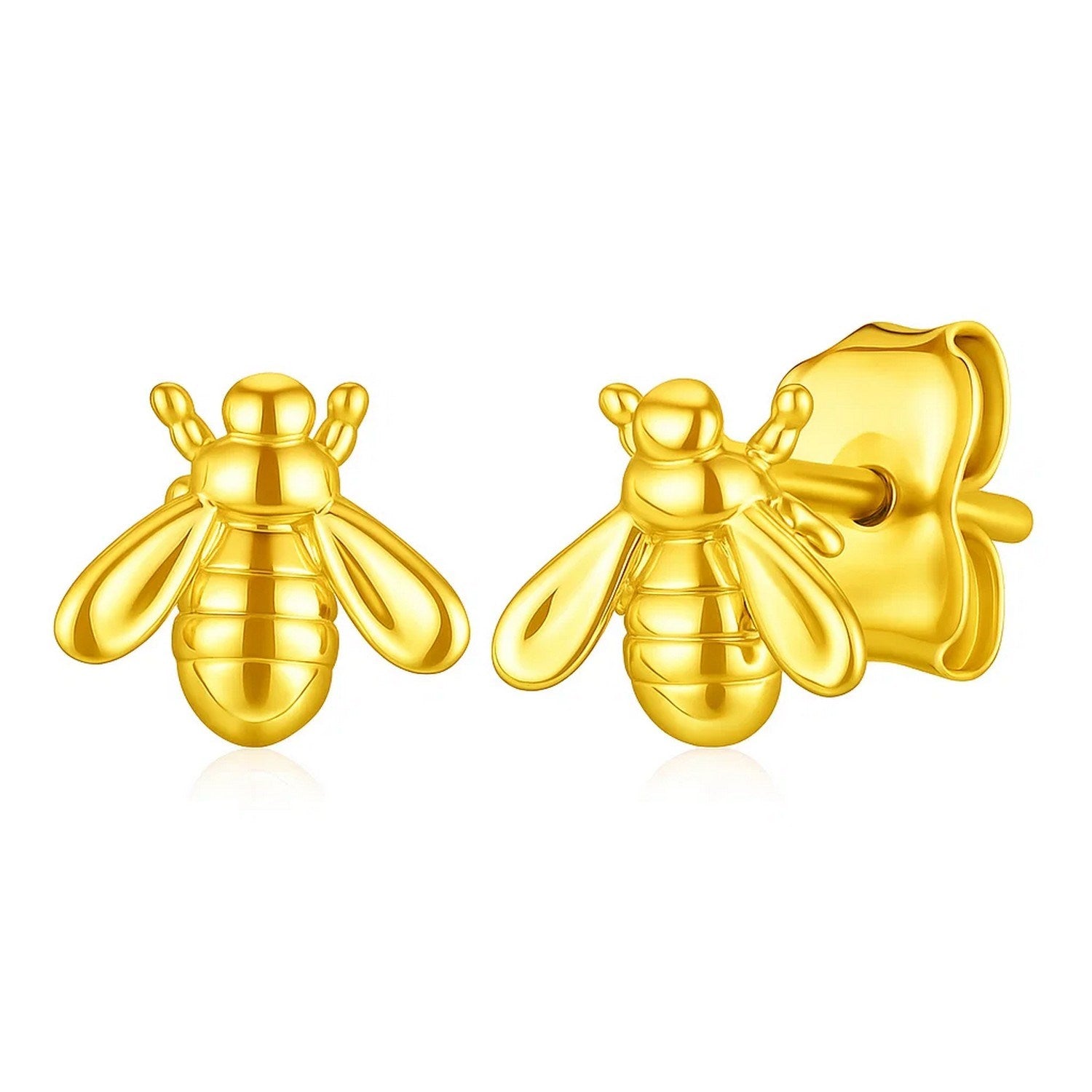 14k Yellow Gold Bee Stud Earrings in a sleek high-contrast midnight luxury editorial style