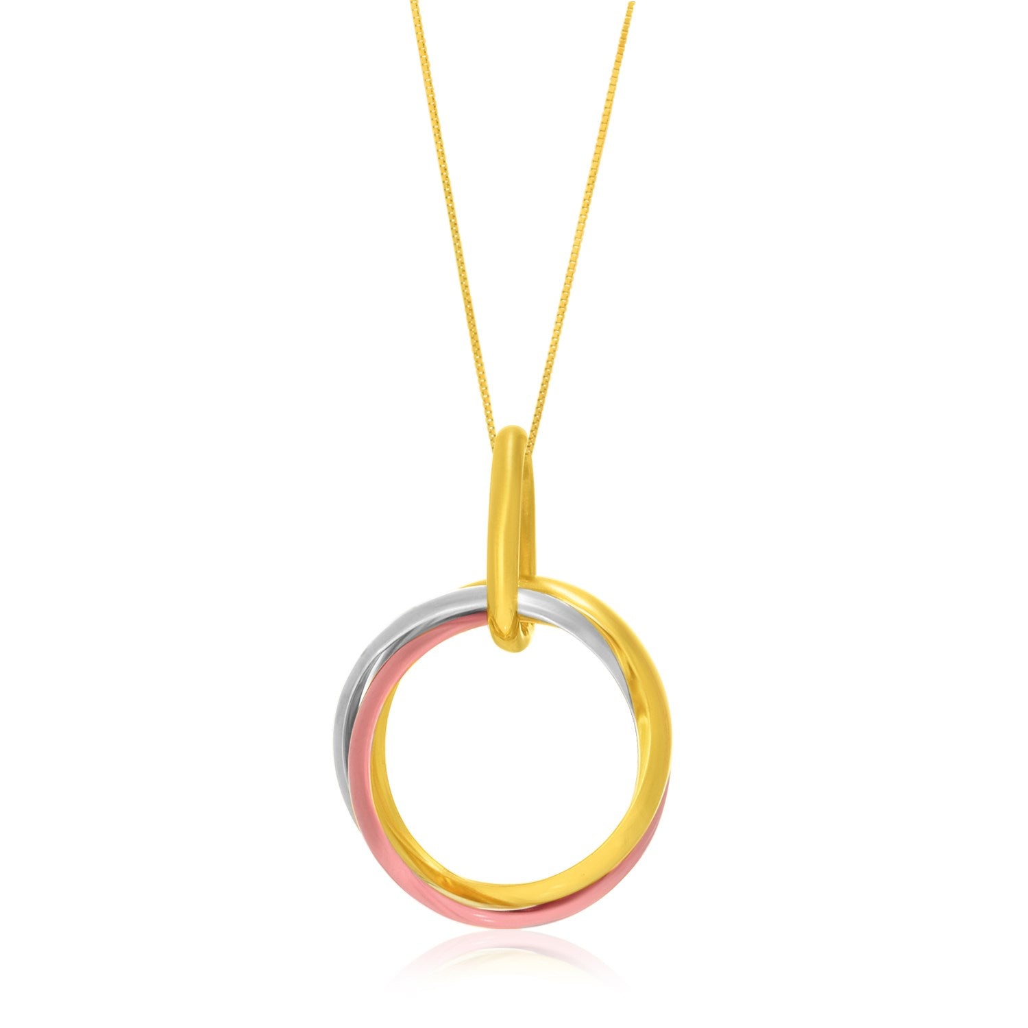 14k Tri-Color Gold Open Interlaced Ring Pendant in a sleek high-contrast midnight luxury editorial style