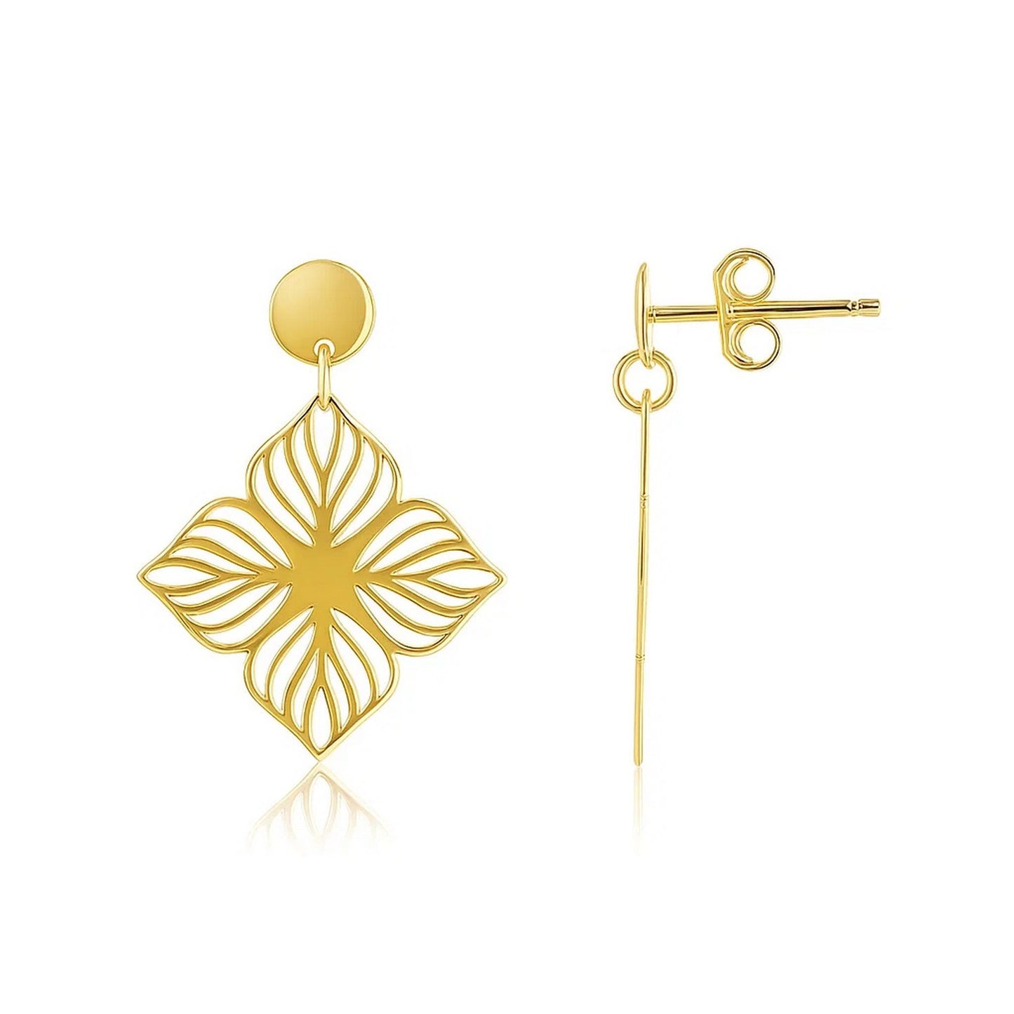 14K Yellow Gold High Polish Flower Cutout Earrings in a sleek high-contrast midnight luxury editorial style
