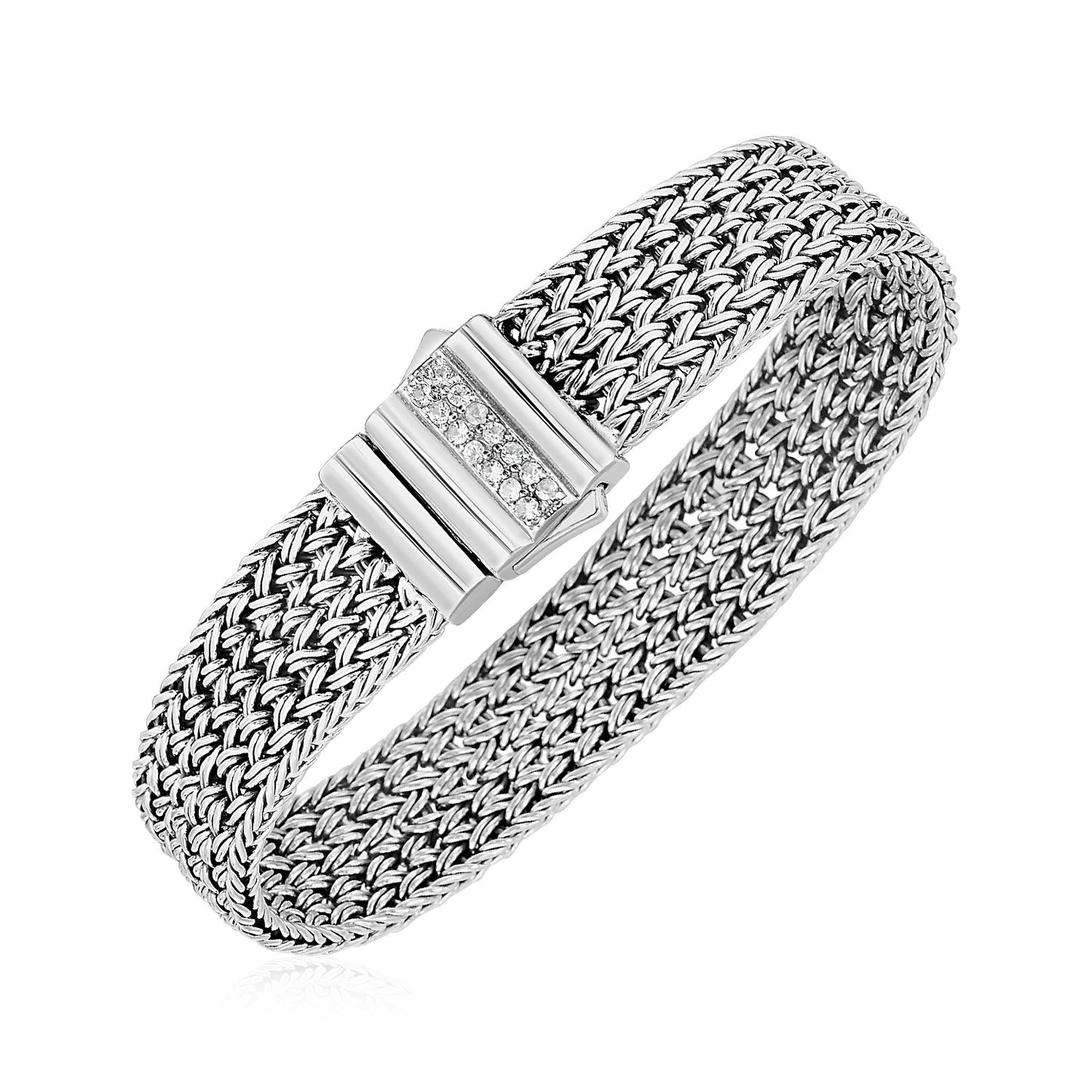 Woven Rope Bracelet with White Sapphire Accented Clasp in Sterling Silver in a sleek high-contrast midnight luxury editorial