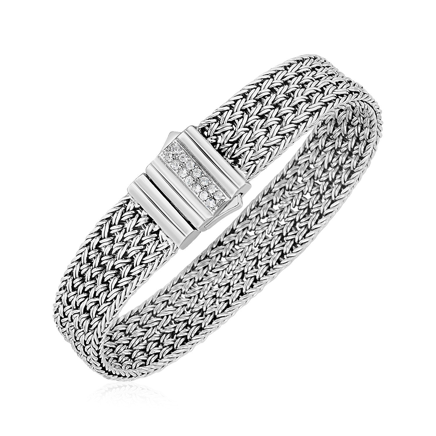 Woven Rope Bracelet with White Sapphire Accented Clasp in Sterling Silver in a sleek high-contrast midnight luxury editorial