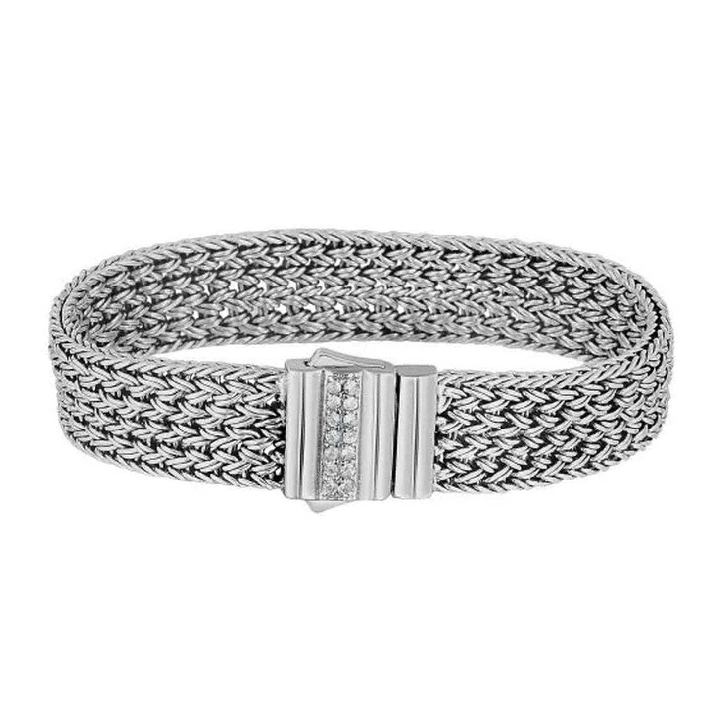 Woven Rope Bracelet with White Sapphire Accented Clasp in Sterling Silver