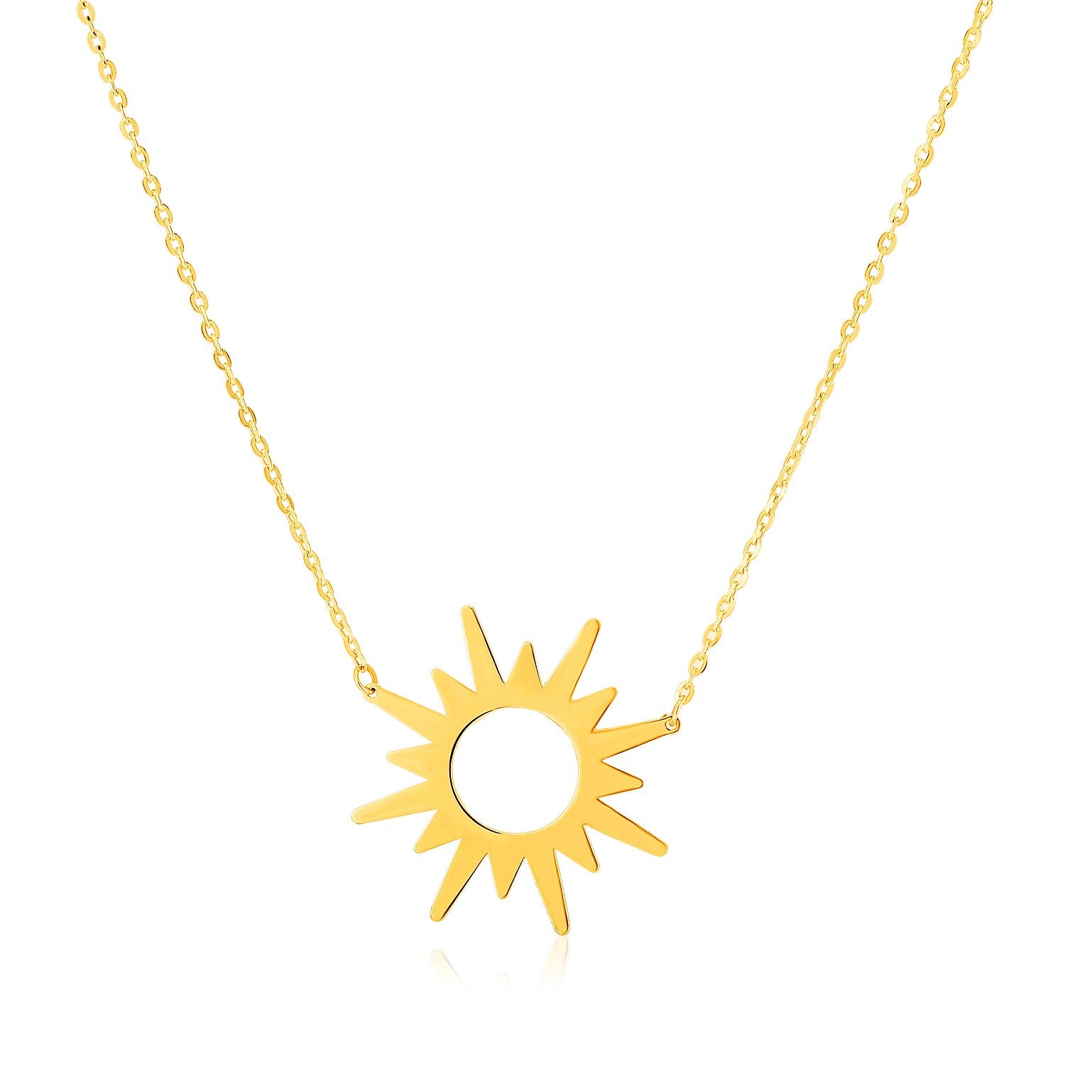 14K Yellow Gold Sunburst Necklace in a sleek high-contrast midnight luxury editorial style