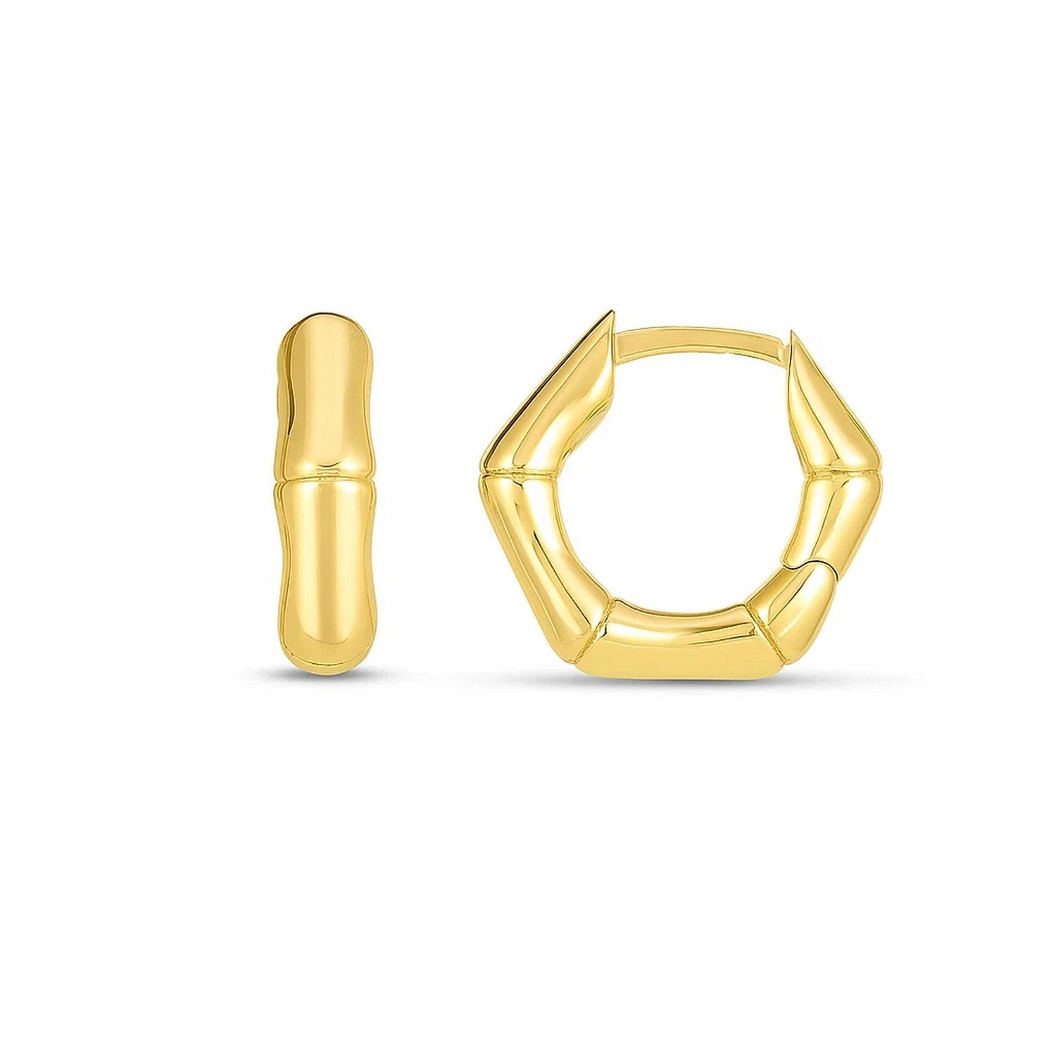 14k Yellow Gold Bamboo Huggie Hoops in a sleek high-contrast midnight luxury editorial style