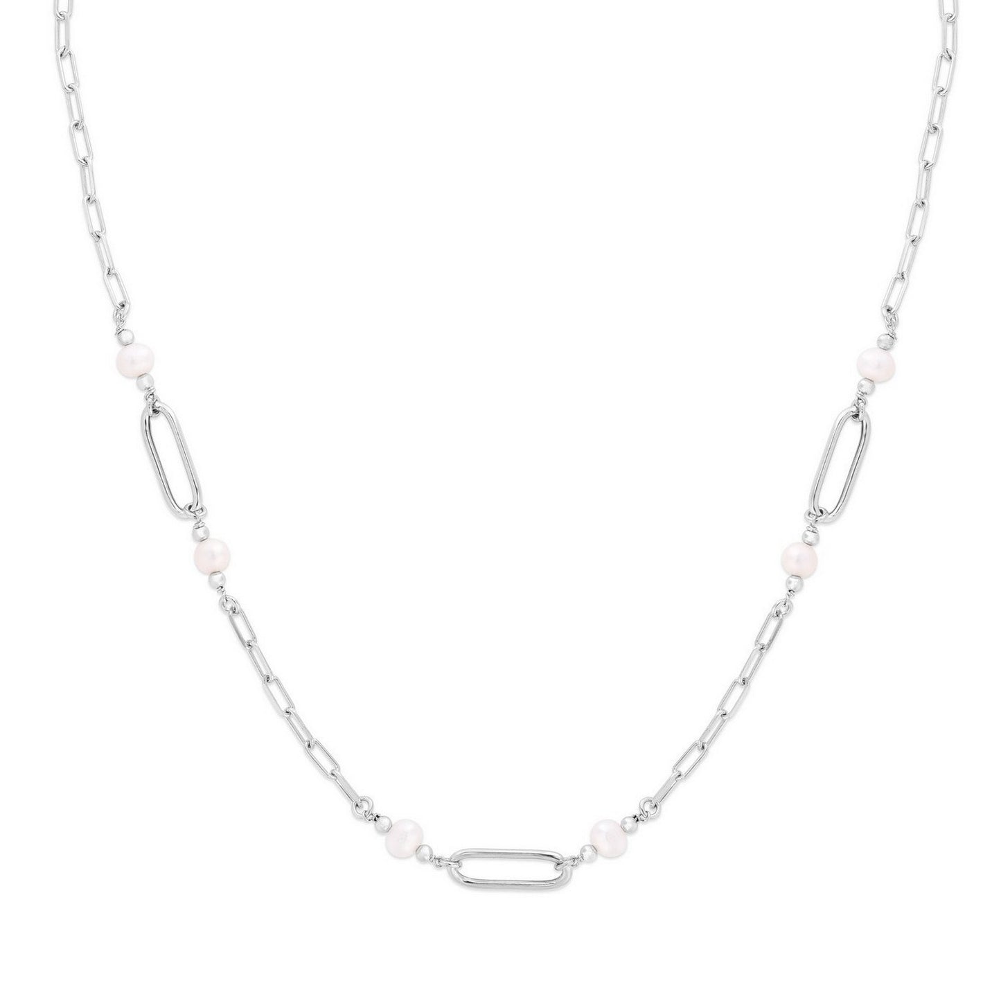 Sterling Silver Rhodium Plated Freshwater Pearl Paperclip Necklace